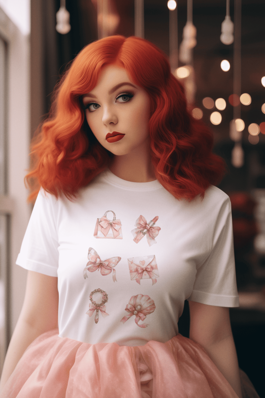 Girl wearing white Call Me Bae women’s t-shirt from The Edi Archive, with a soft pink grid of coquette icons like purse, lipstick, mirror, and ribbon-tied letter.