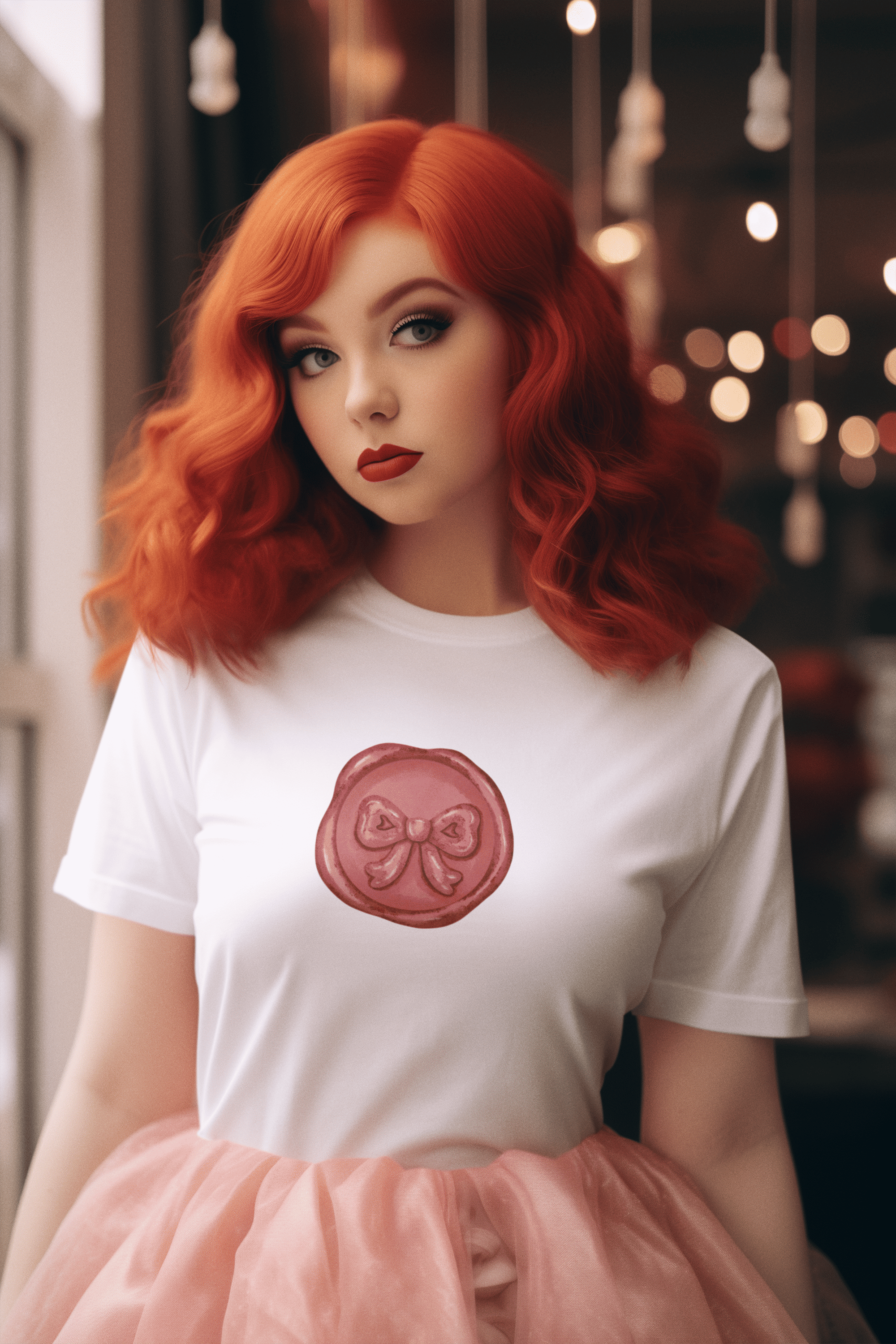 Girl wearing white cotton Sealed Perfection women’s t-shirt from The Edi Archive, with red stamp-style coquette bow graphic in soft vintage aesthetic.