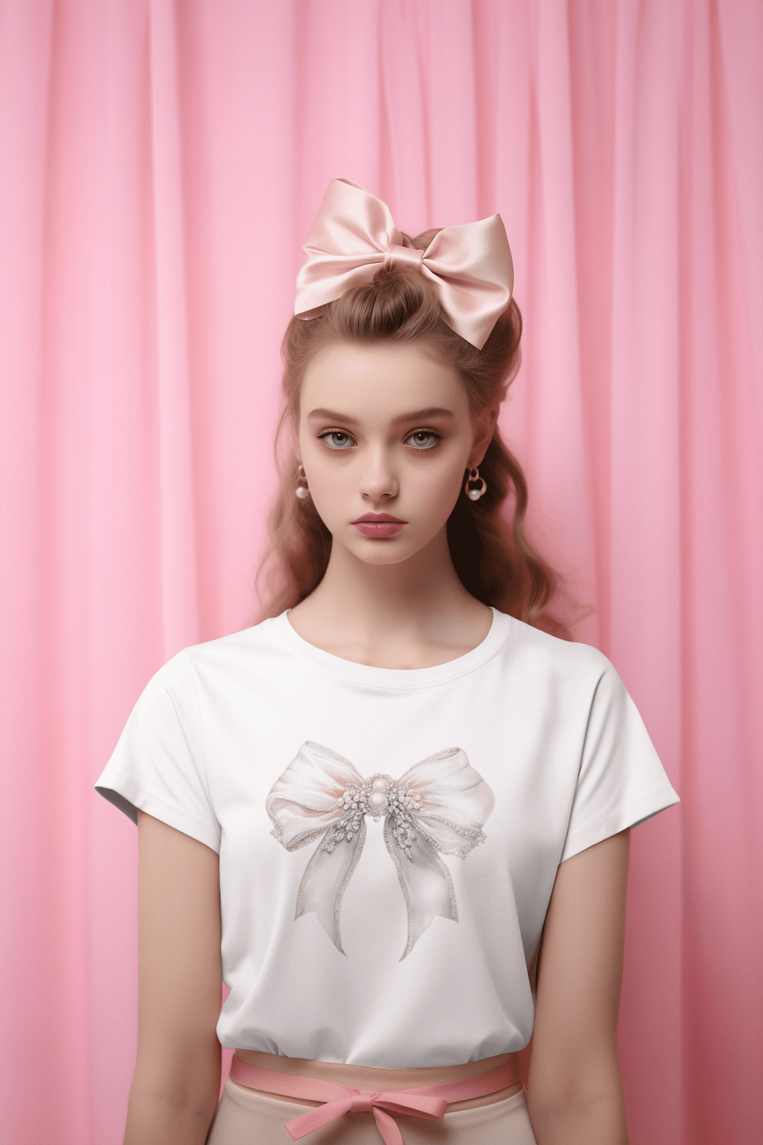 Girl wearing white Bow To The Queen women’s t-shirt from The Edi Archive, featuring a two-toned watercolor bow with crystal details in royal coquette aesthetic.