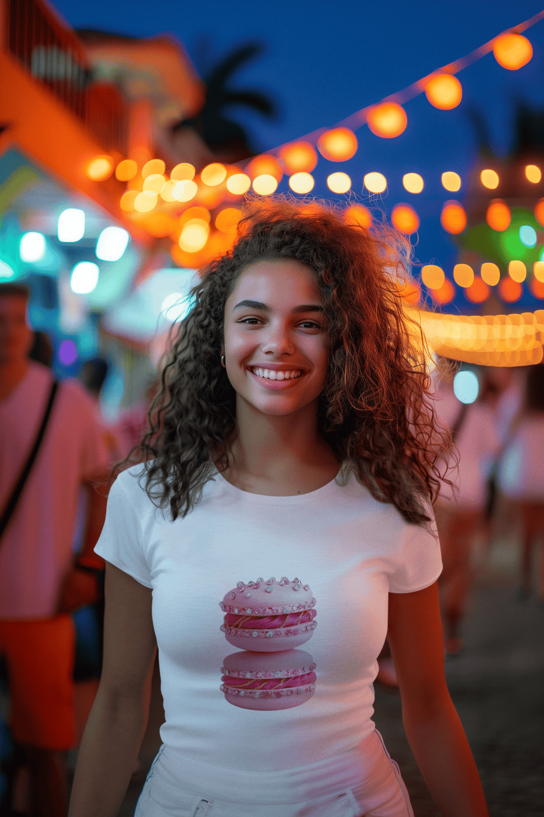 Girl wearing white Savage Cupcake women’s t-shirts from The Edi Archive, featuring two pink cupcakes stacked and linked with a gold chain, styled in cute baddie aesthetic.