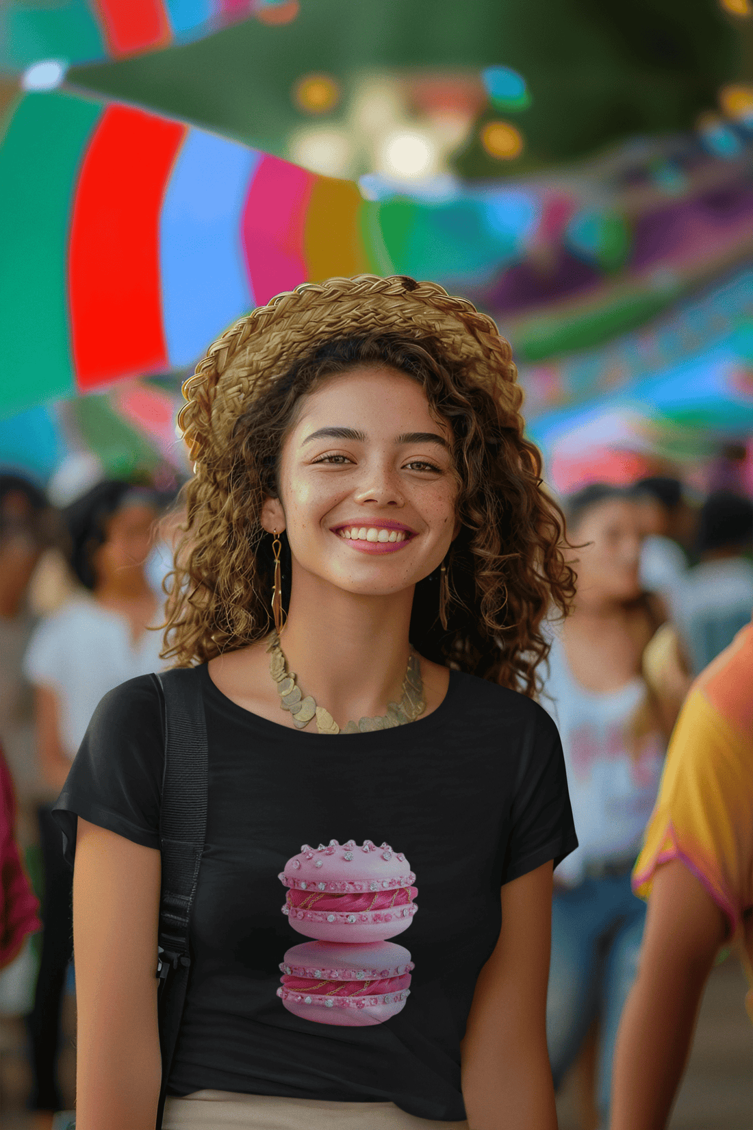 Girl wearing white Savage Cupcake women’s t-shirts from The Edi Archive, featuring two pink cupcakes stacked and linked with a gold chain, styled in cute baddie aesthetic.