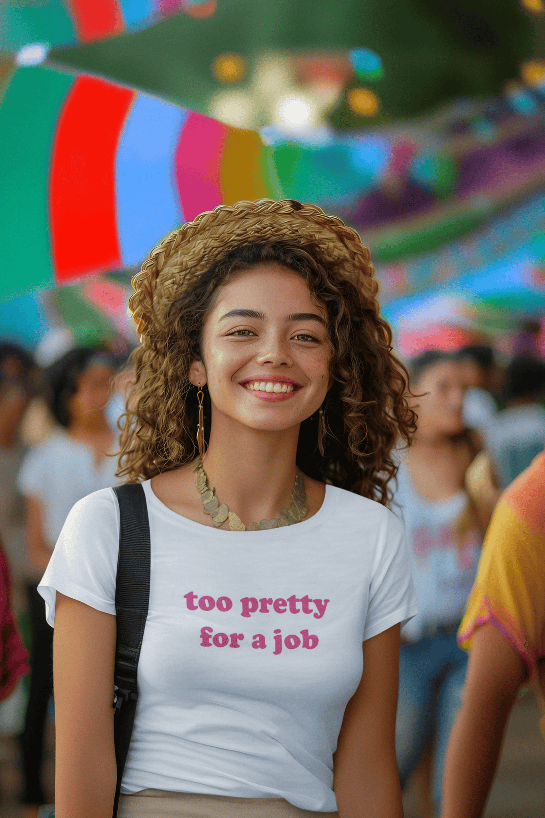 Girl wearing white Too Pretty For A Job women’s t-shirt from The Edi Archive, styled in playful baddie-core aesthetic with confident charm.