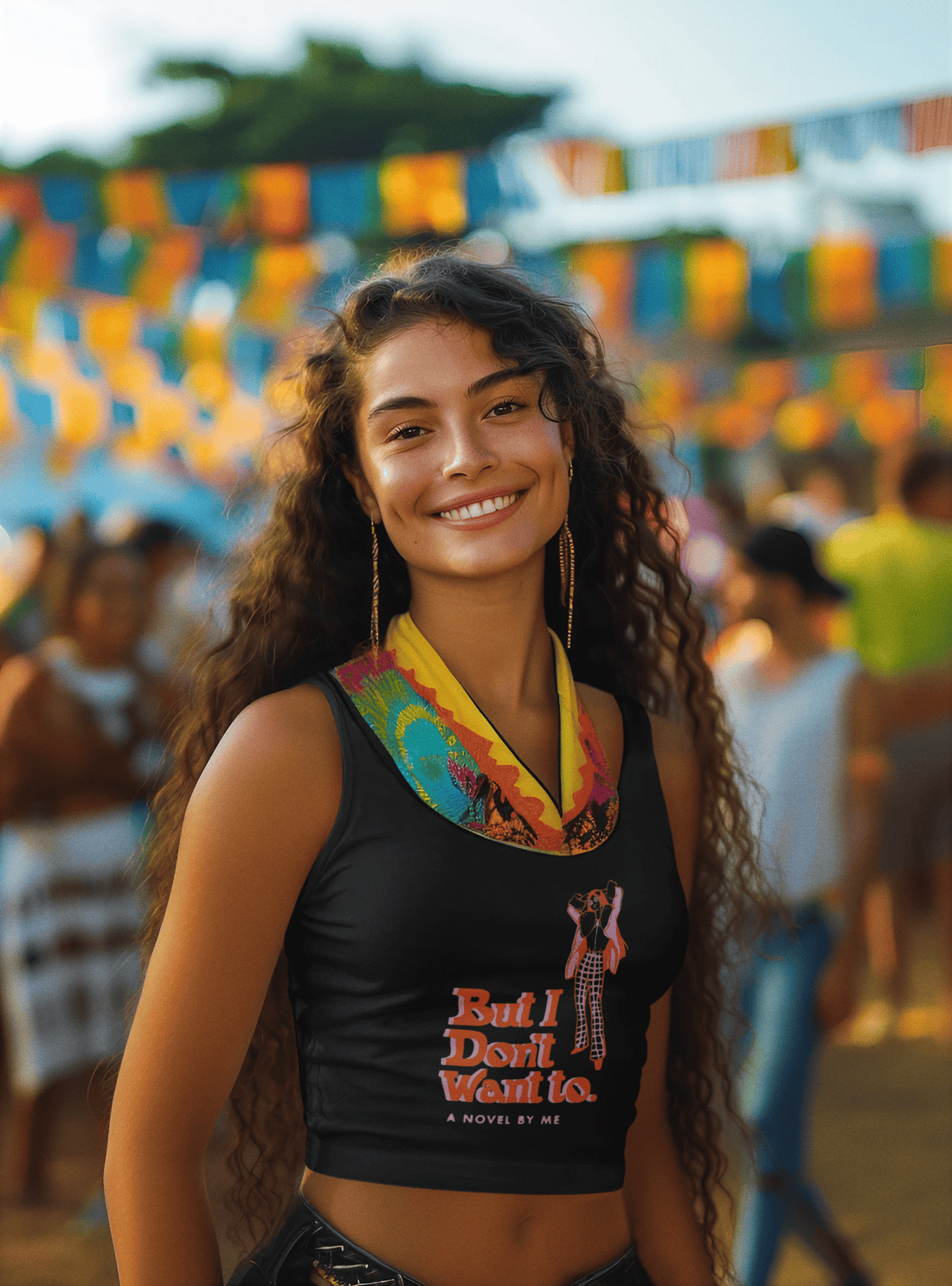 A woman wearing the black But I Don’t Want To crop tank top from The Edi Archive’s Ctrl+Me Collection – bold, minimalist, and sassy.