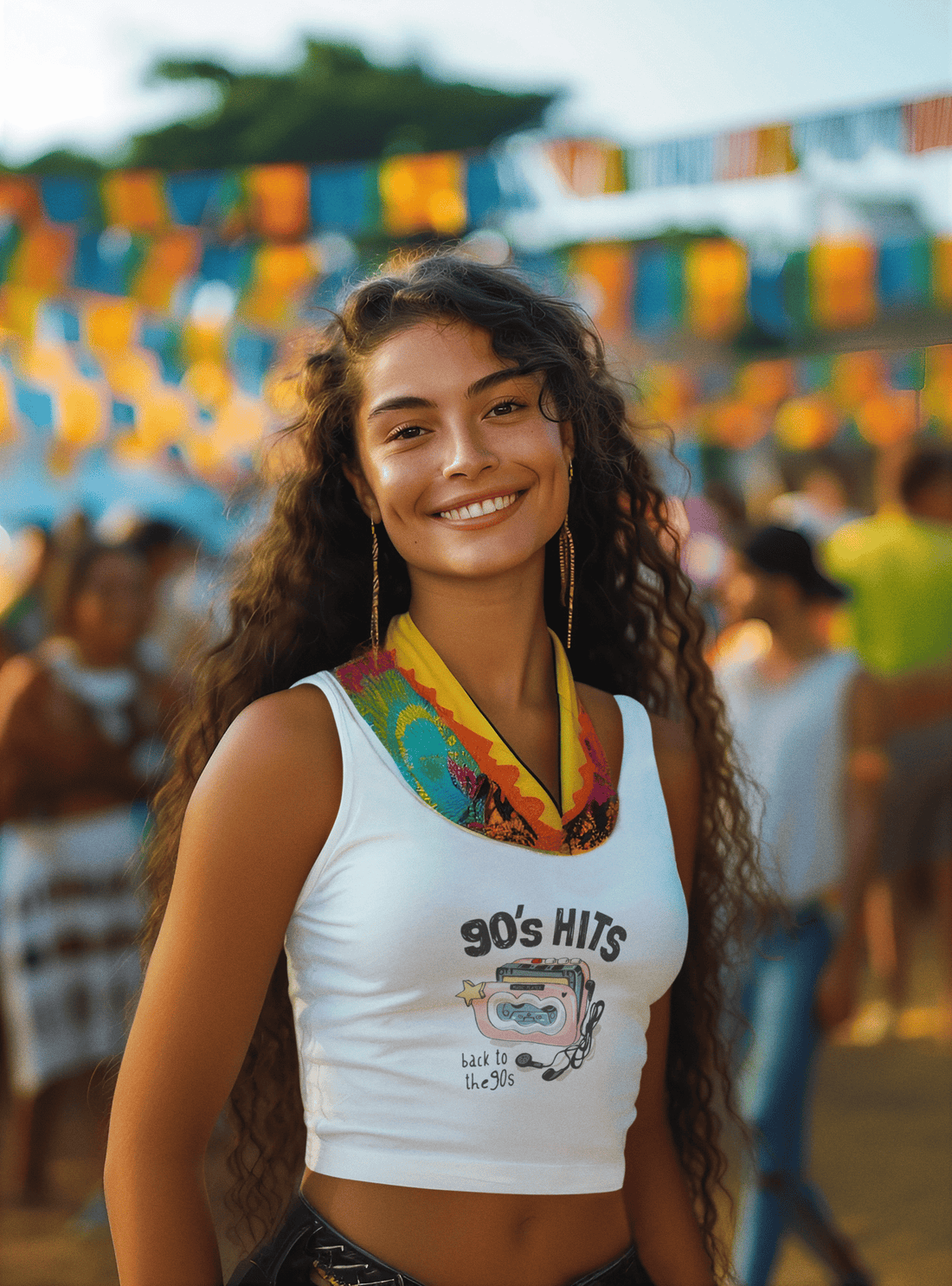 A woman wearing the 90s Music white crop tank top from The Edi Archive’s Ctrl+Me Collection – nostalgic cotton vibe with cassette-themed print.