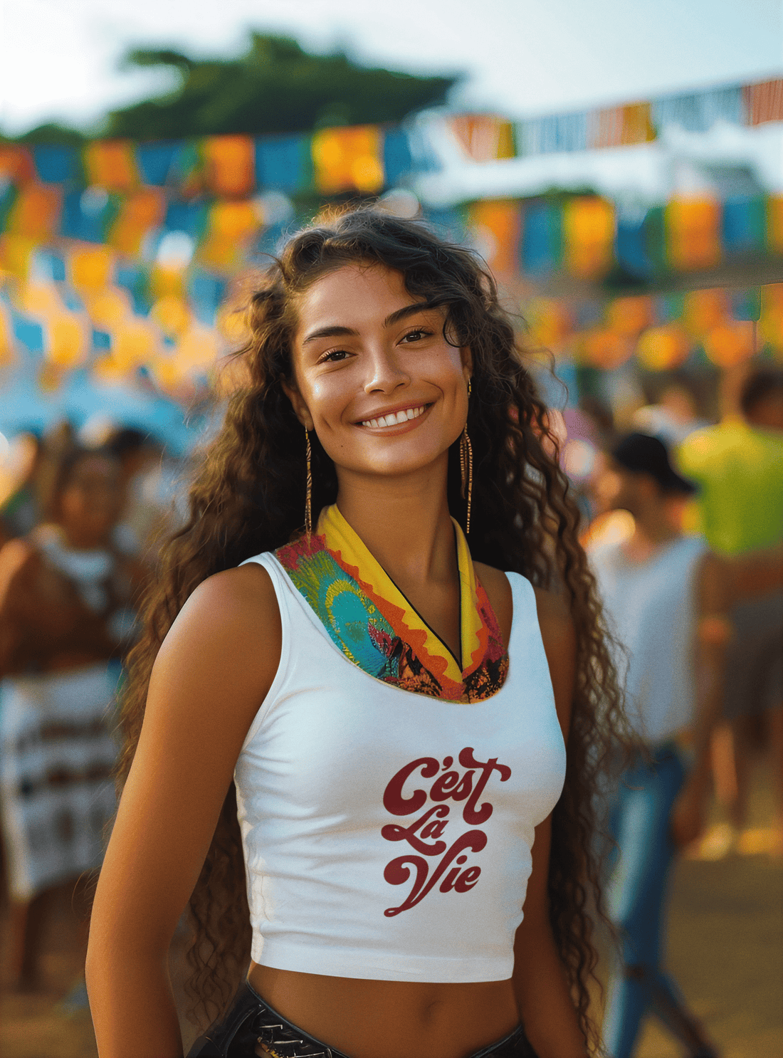 A woman wearing the C’est La Vie white crop tank top from The Edi Archive – minimalist chic from the Ctrl+Me collection.