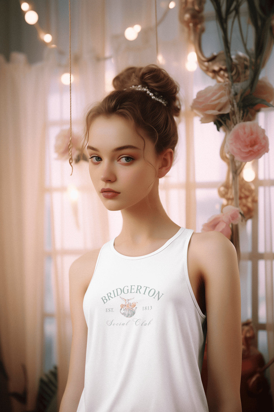 Girl wearing black Bridgerton women’s tank top from The Edi Archive, featuring vintage romantic letter-inspired design in soft coquette aesthetic.