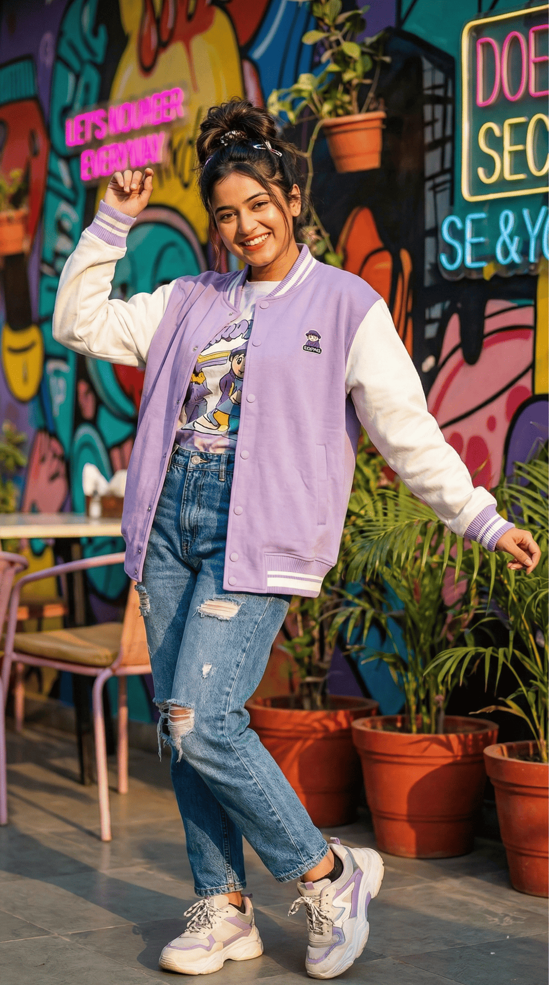 Person wearing a purple varsity jacket with 'Your Design Here' text on the back from the Custom Archive collection of The Edi Archive.