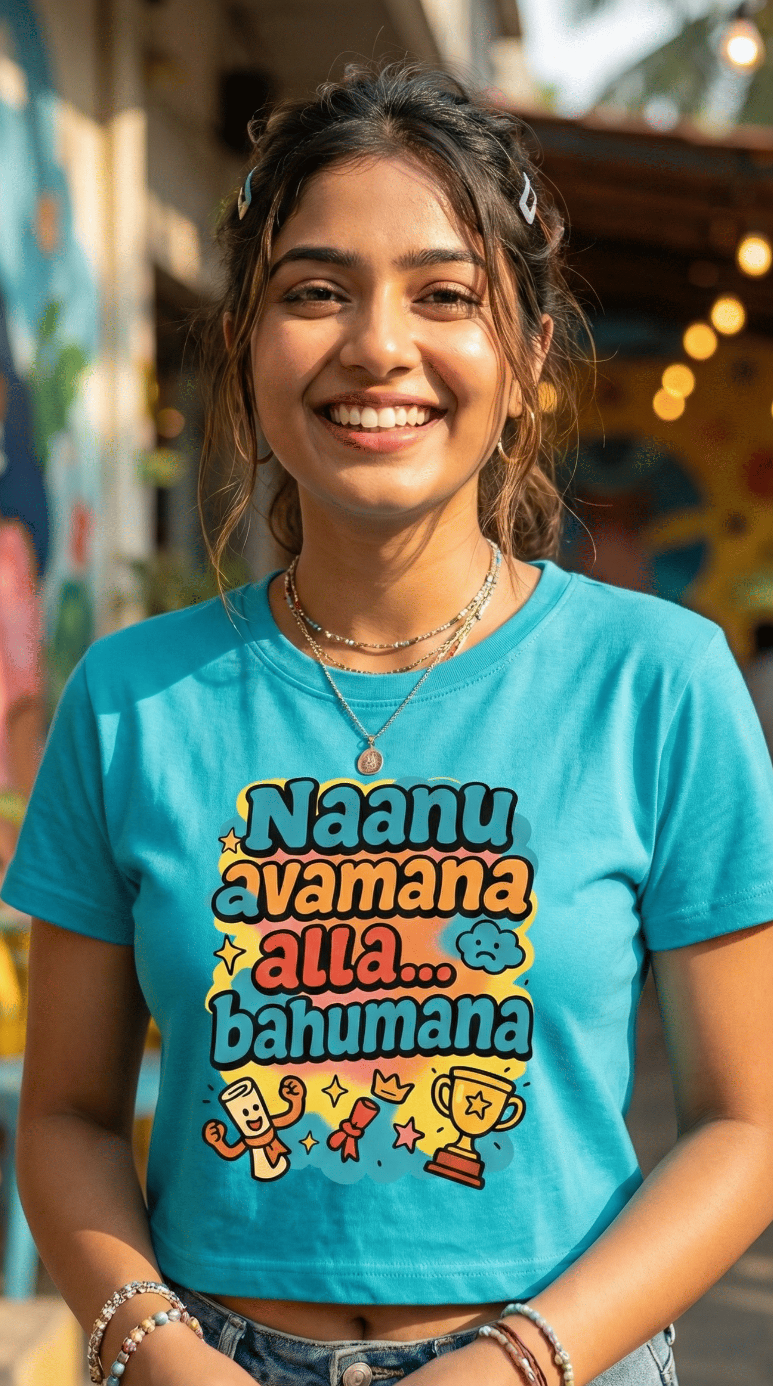 Person wearing a blue t-shirt with Naanu Avaman Alla Viral T-Shirt from The Vault collection of The Edi Archive, close up view.