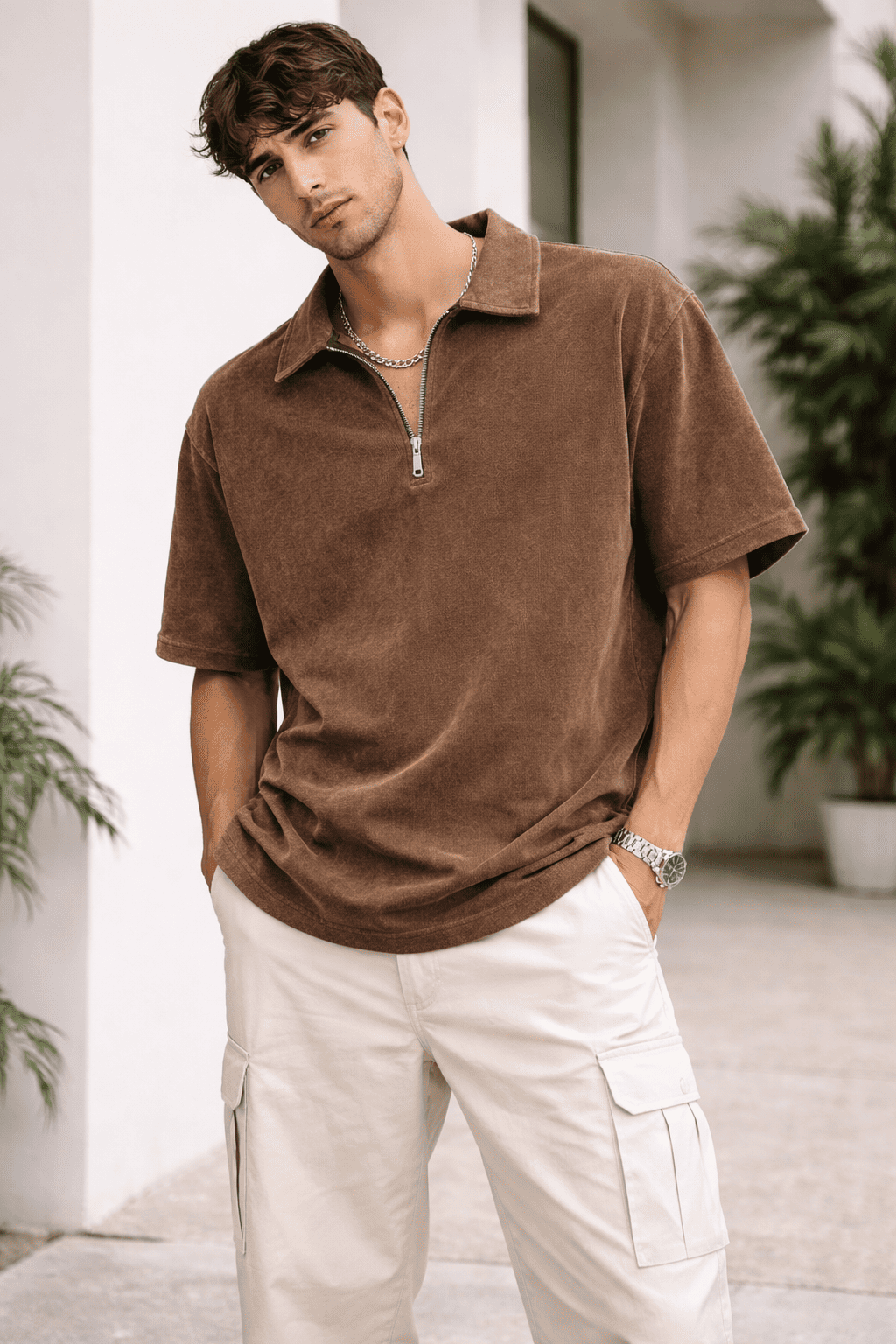 Model wearing the Rustic Roots Zipper Polo in Color Vintage Brown from The Edi Archive's Ctrl+Me Collection