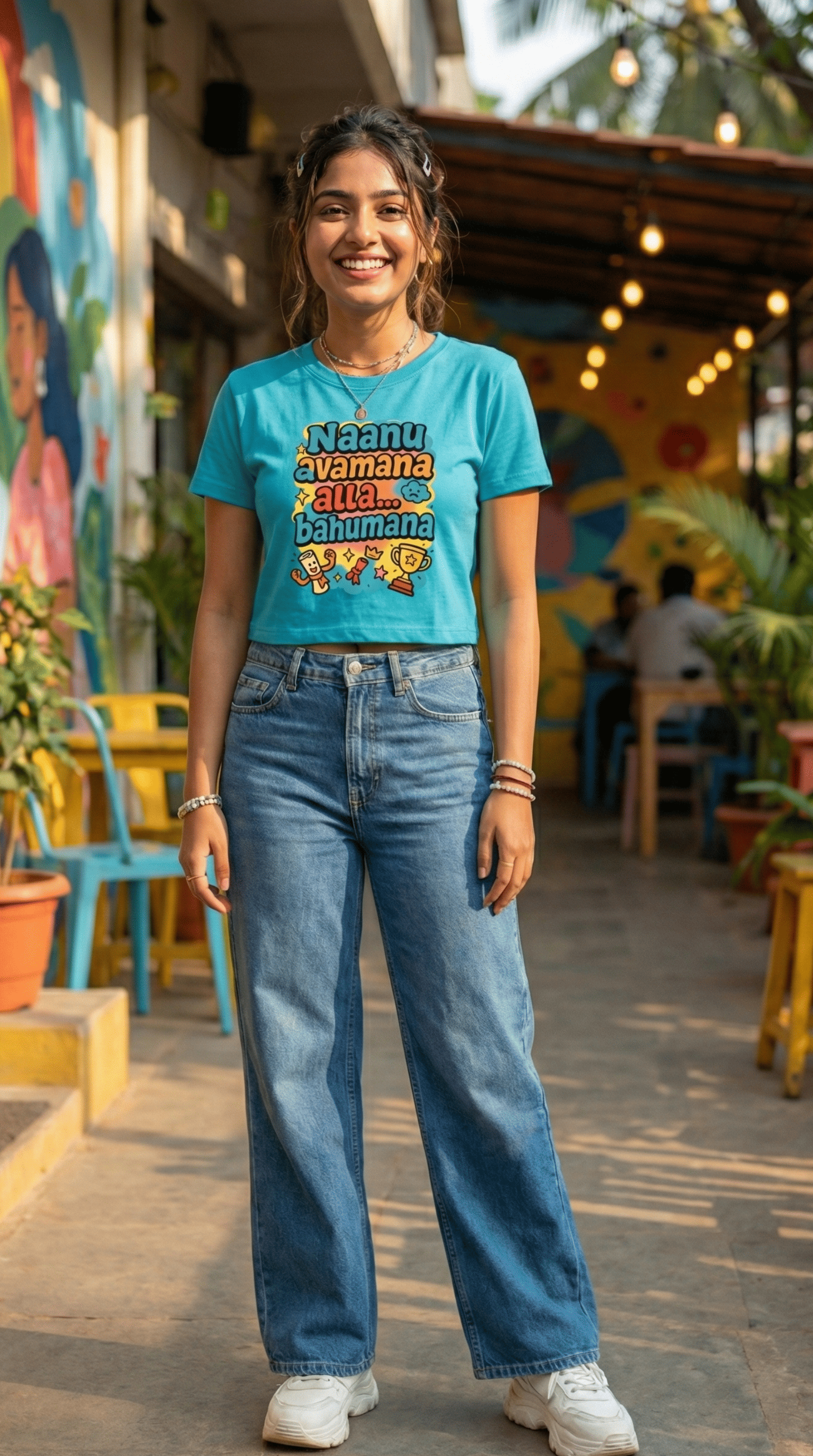 Person wearing a blue t-shirt with Naanu Avaman Alla Viral T-Shirt from The Vault collection of The Edi Archive, full length view.