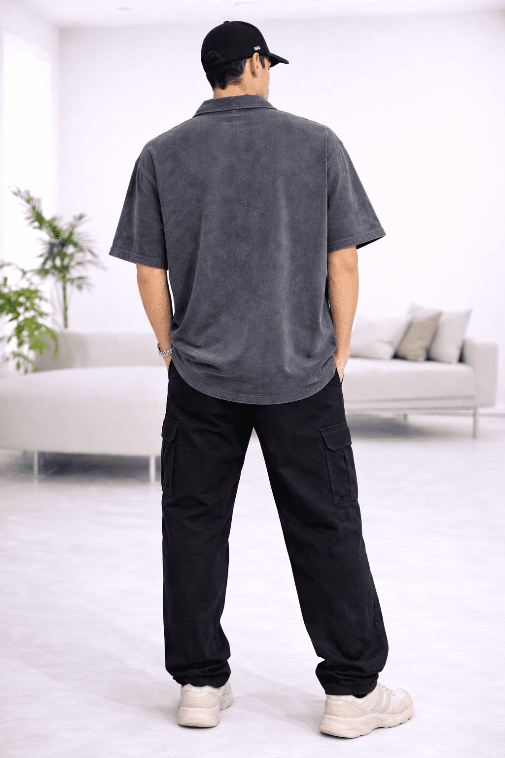 Model wearing the Rustic Roots Zipper Polo in Color Navy from The Edi Archive's Ctrl+Me Collection - Back view