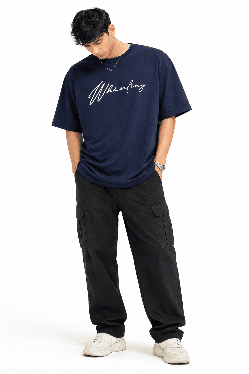 Model in Navy Whirling Unisex Puff Oversized T-Shirt from The Edi Archive's - Ctrl+Me collection