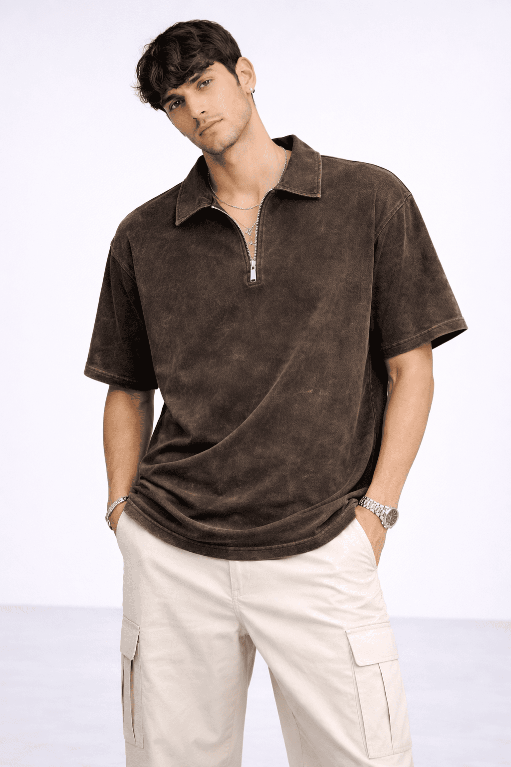 Model wearing the Rustic Roots Zipper Polo in Color Coffee Brown from The Edi Archive's Ctrl+Me Collection