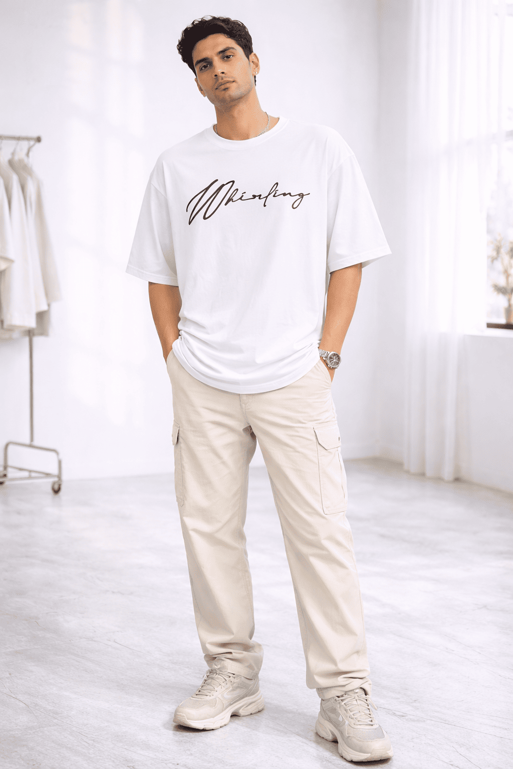 Model in White Whirling Unisex Puff Oversized T-Shirt from The Edi Archive's - Ctrl+Me collection