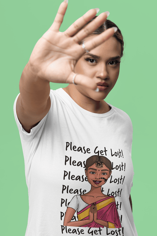 A woman wearing 'Please Get Lost Unisex Oversize T-Shirt in White' from The Edi Archive - Ctrl+Me collection