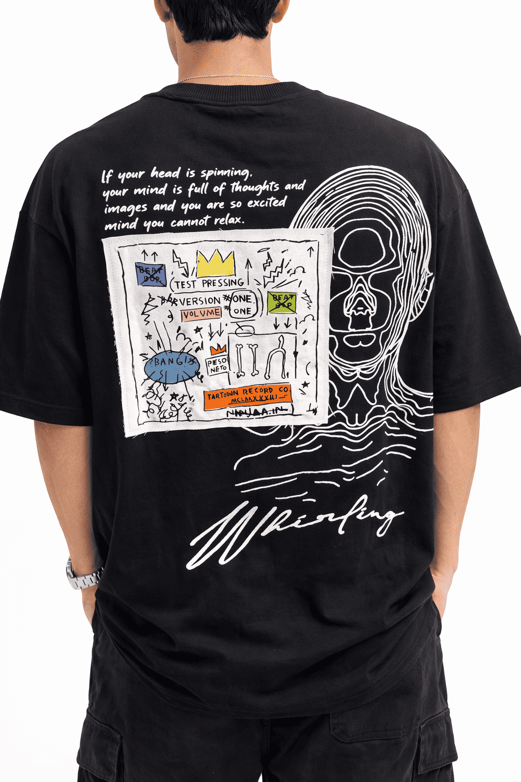 Model in Black Whirling Unisex Puff Oversized T-Shirt from The Edi Archive's - Ctrl+Me collection - Back close up view