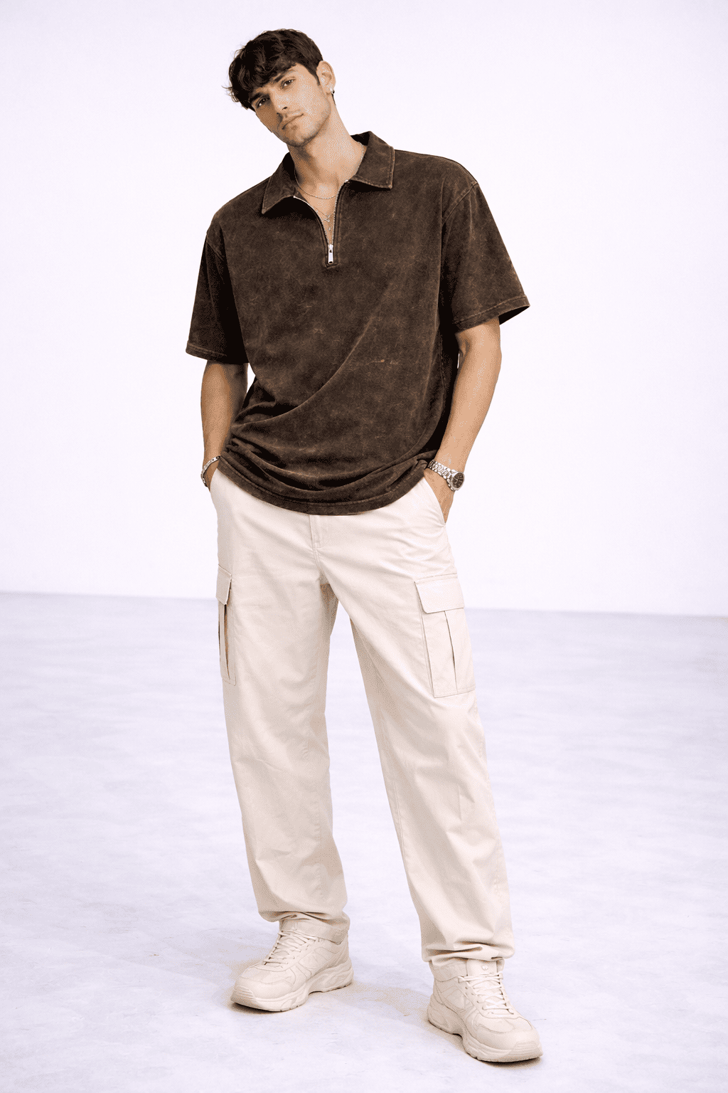 Model wearing the Rustic Roots Zipper Polo in Color Coffee Brown from The Edi Archive's Ctrl+Me Collection