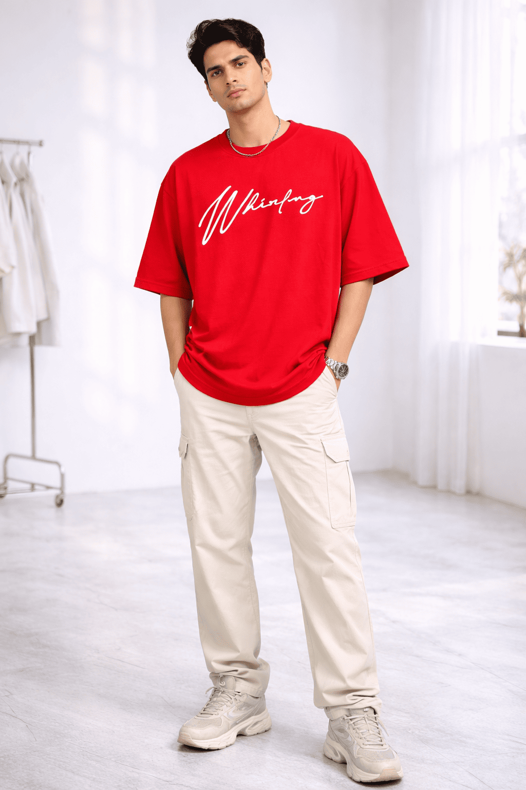 Model in Red Whirling Unisex Puff Oversized T-Shirt from The Edi Archive's - Ctrl+Me collection