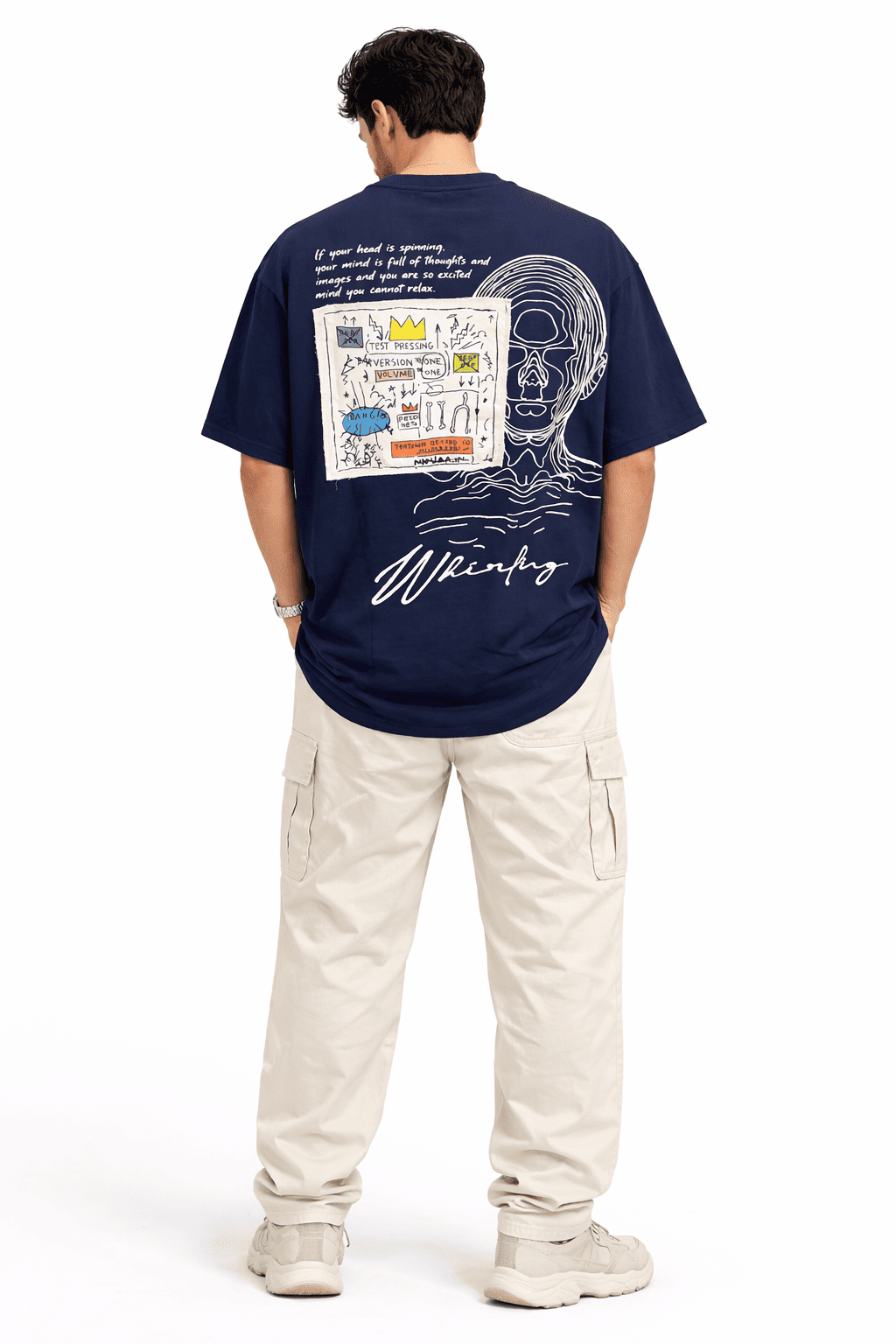 Model in Navy Whirling Unisex Puff Oversized T-Shirt from The Edi Archive's - Ctrl+Me collection - Back view
