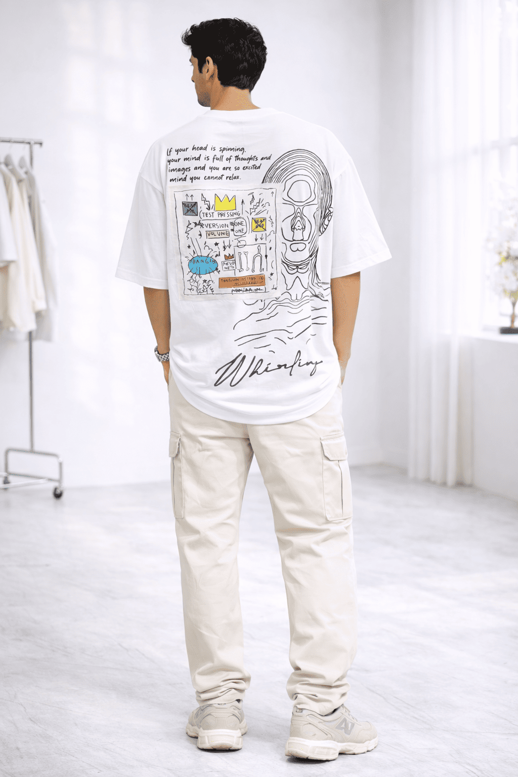 Model in White Whirling Unisex Puff Oversized T-Shirt from The Edi Archive's - Ctrl+Me collection - Back view