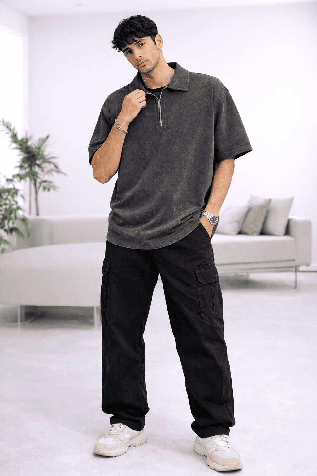 Model wearing the Rustic Roots Zipper Polo in Color Grey from The Edi Archive's Ctrl+Me Collection