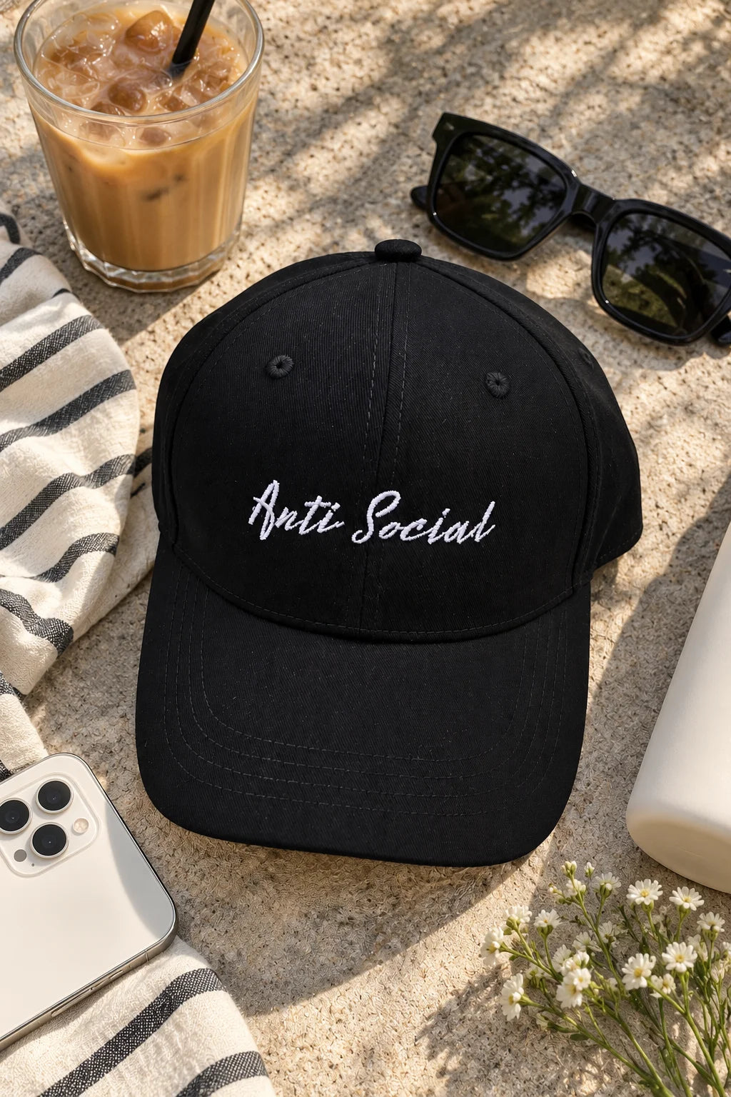 Anti Social Unisex Baseball Cap by The Edi Archive, The Side Quest Collection, couple wearing matching black baseball caps
