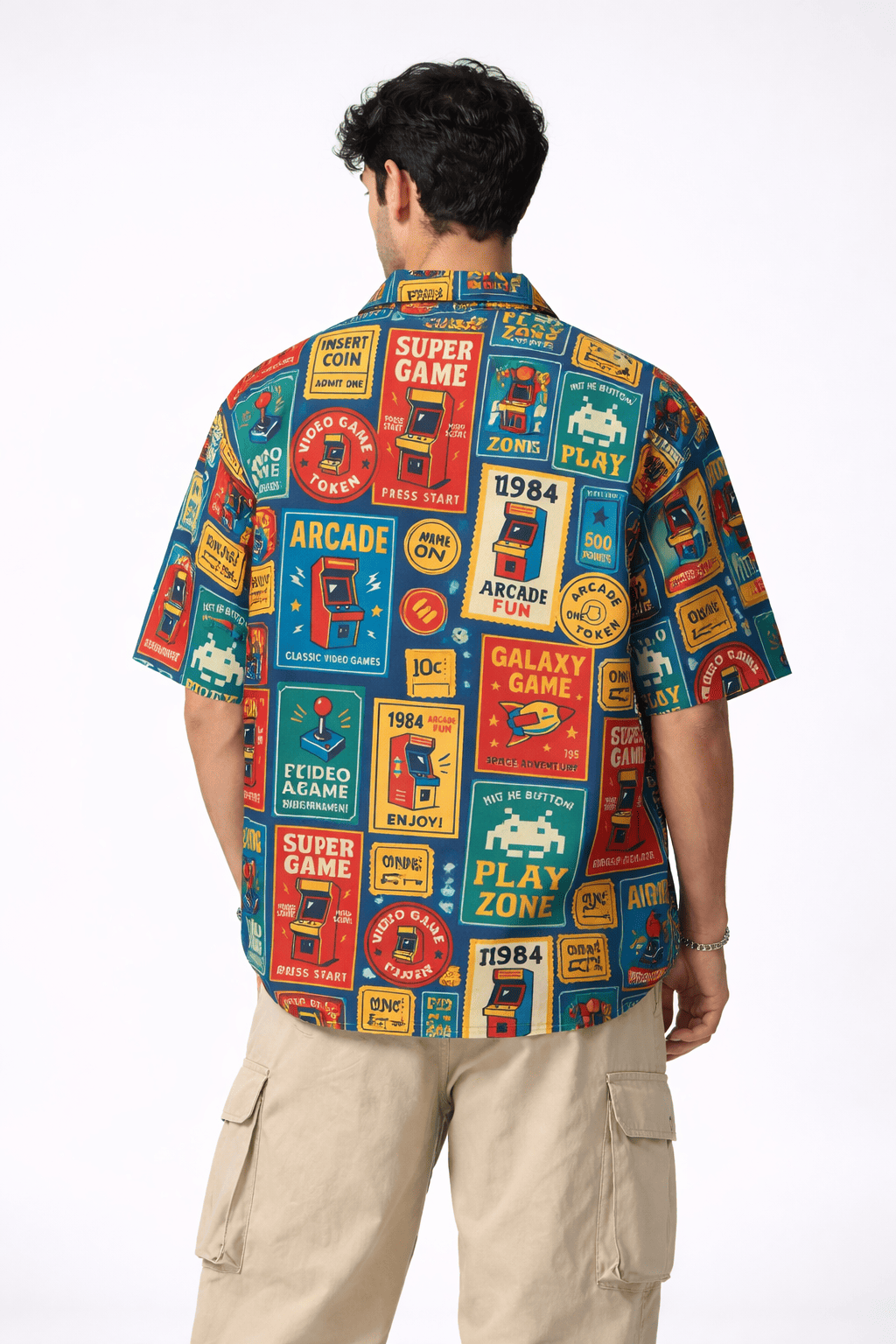 Model wearing Arcade Riot Men's Hawaiian Shirt from The Edi Archive's Loudmouth collection - Back view