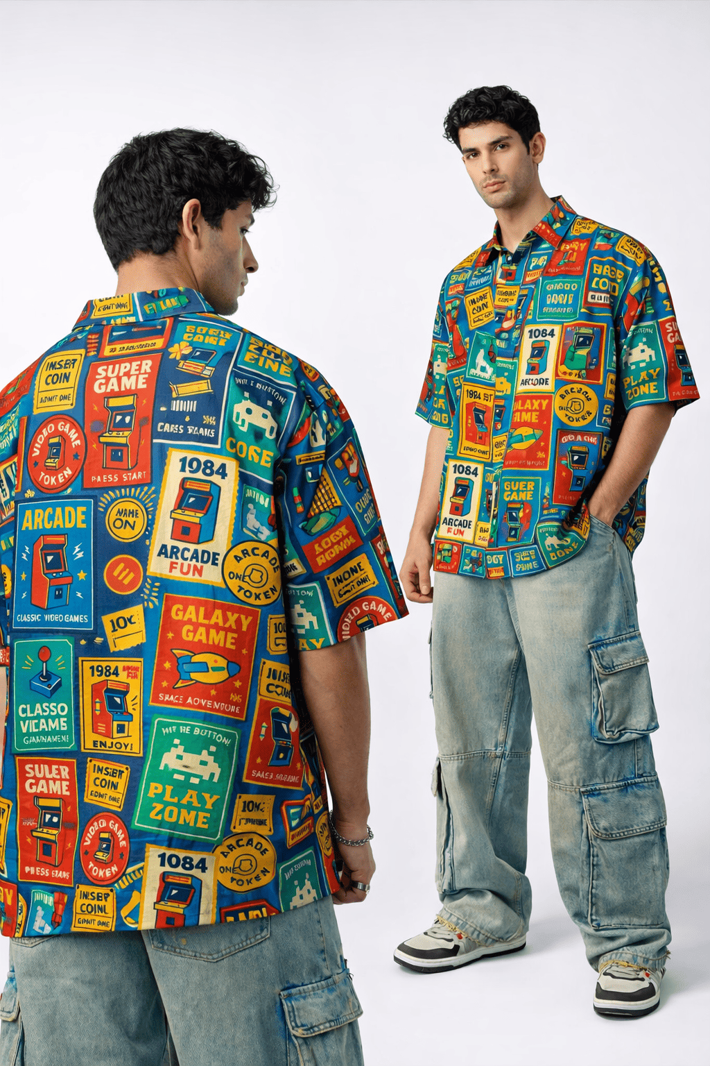 Model wearing Arcade Riot Men's Hawaiian Shirt from The Edi Archive's Loudmouth collection