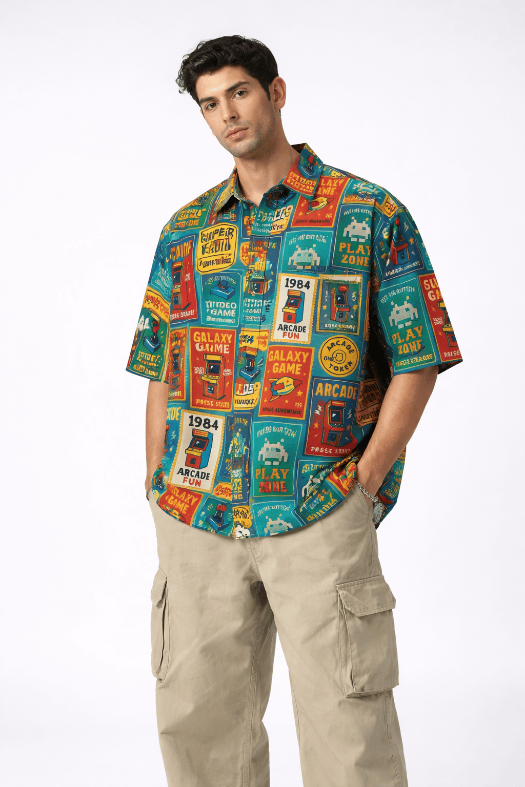 Model wearing Arcade Riot Men's Hawaiian Shirt from The Edi Archive's Loudmouth collection - Front View