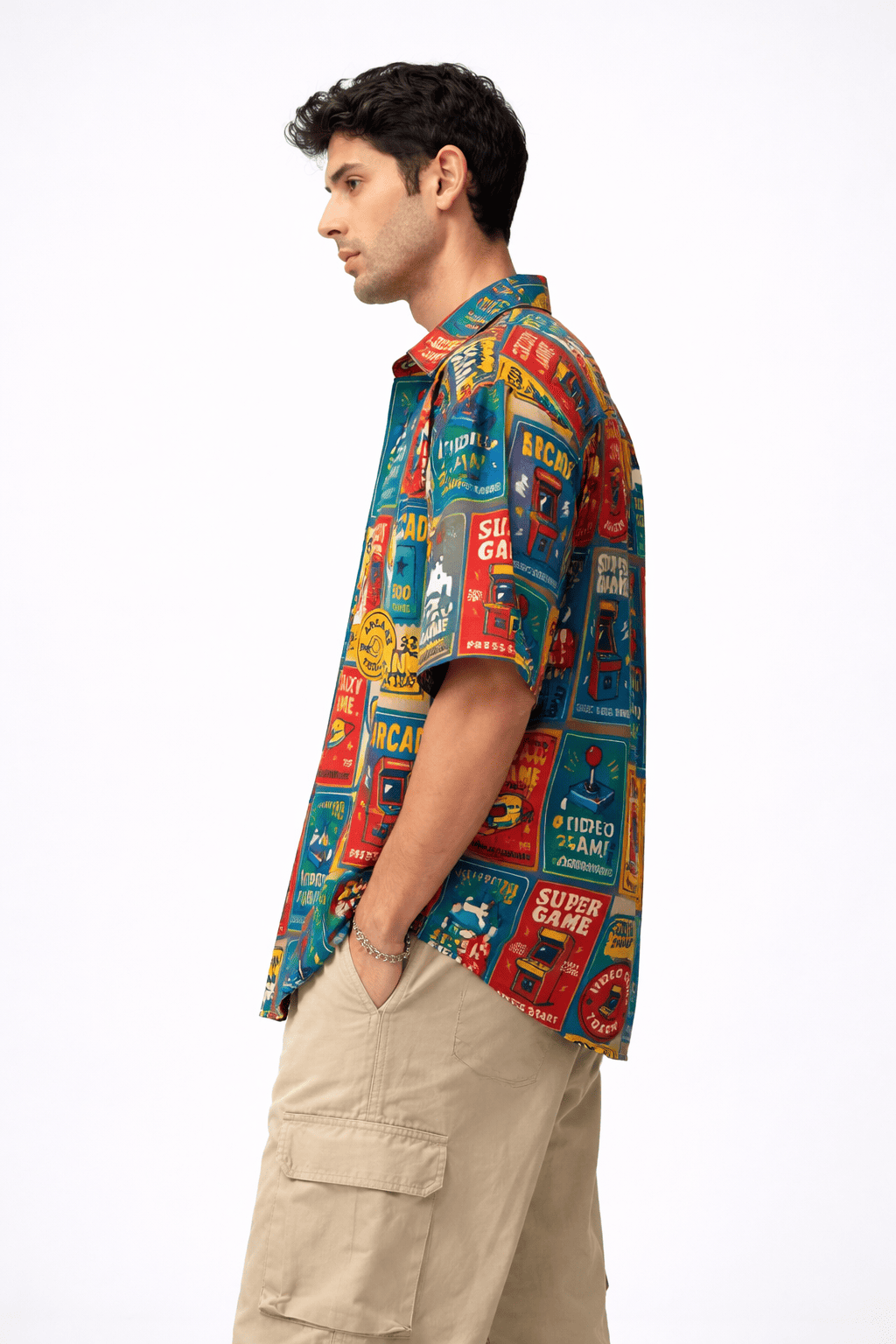 Model wearing Arcade Riot Men's Hawaiian Shirt from The Edi Archive's Loudmouth collection - Left View