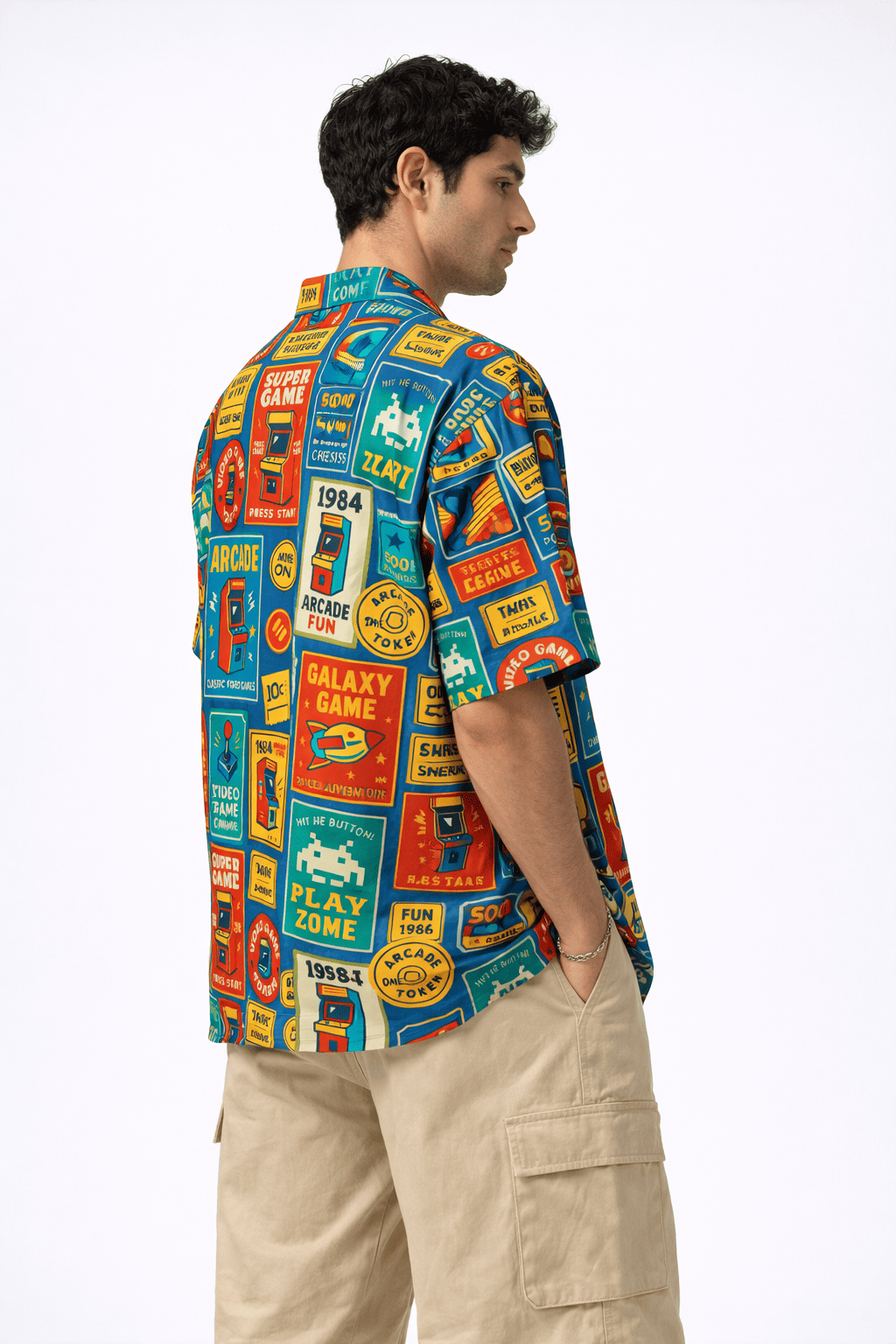 Model wearing Arcade Riot Men's Hawaiian Shirt from The Edi Archive's Loudmouth collection - Right view
