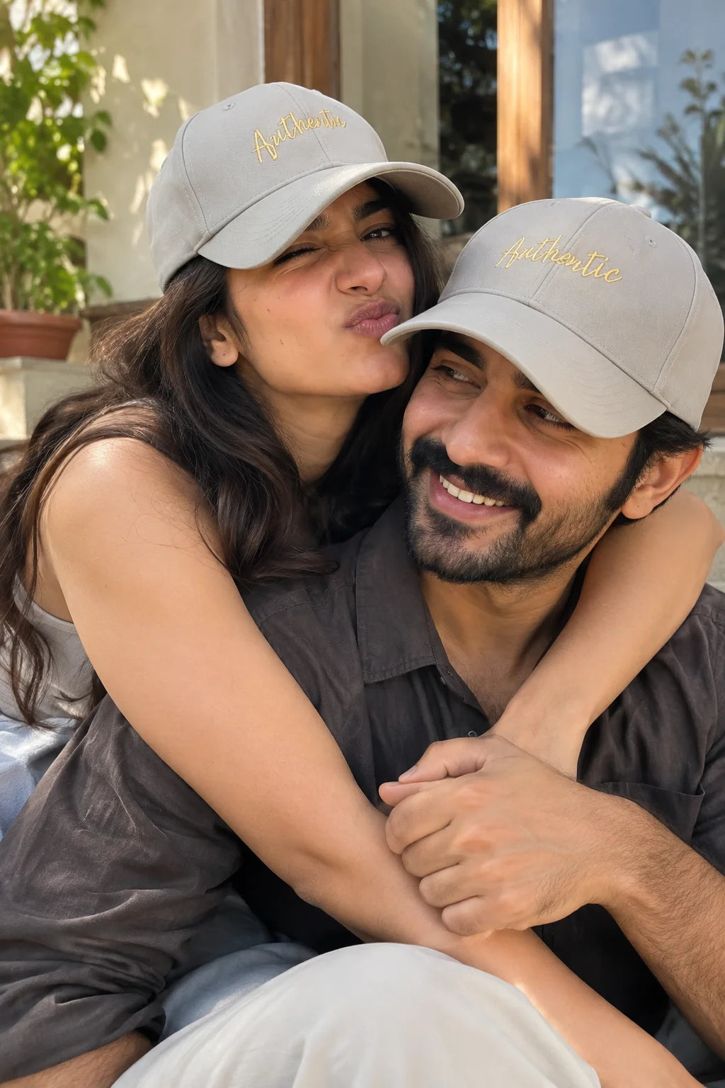 Authentic Unisex Ottoman Baseball Cap by The Edi Archive, The Side Quest Collection, couple wearing matching beige baseball caps