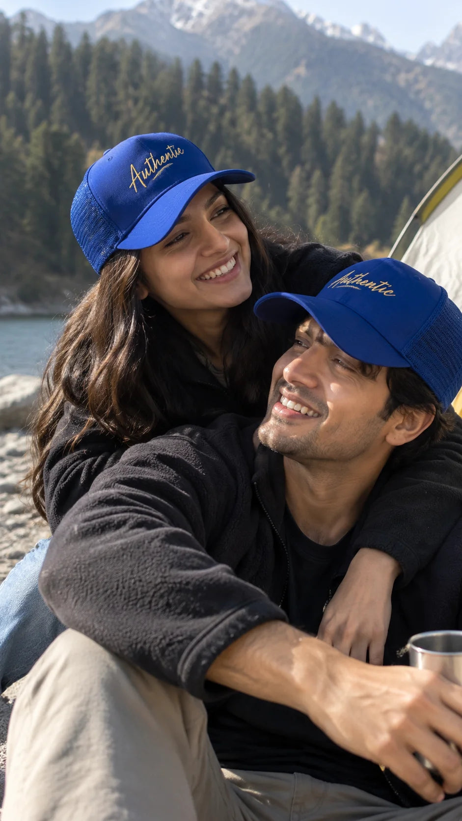 Authentic Unisex Trucker Cap by The Edi Archive, The Side Quest Collection, couple wearing matching blue trucker caps