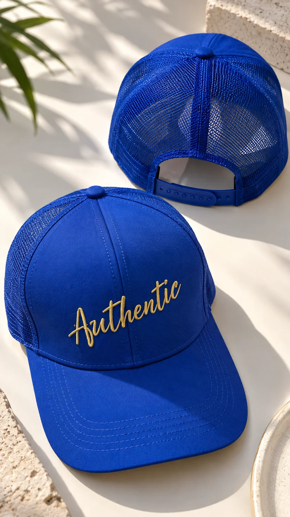 Authentic Unisex Trucker Cap by The Edi Archive, The Side Quest Collection, couple wearing matching blue trucker caps