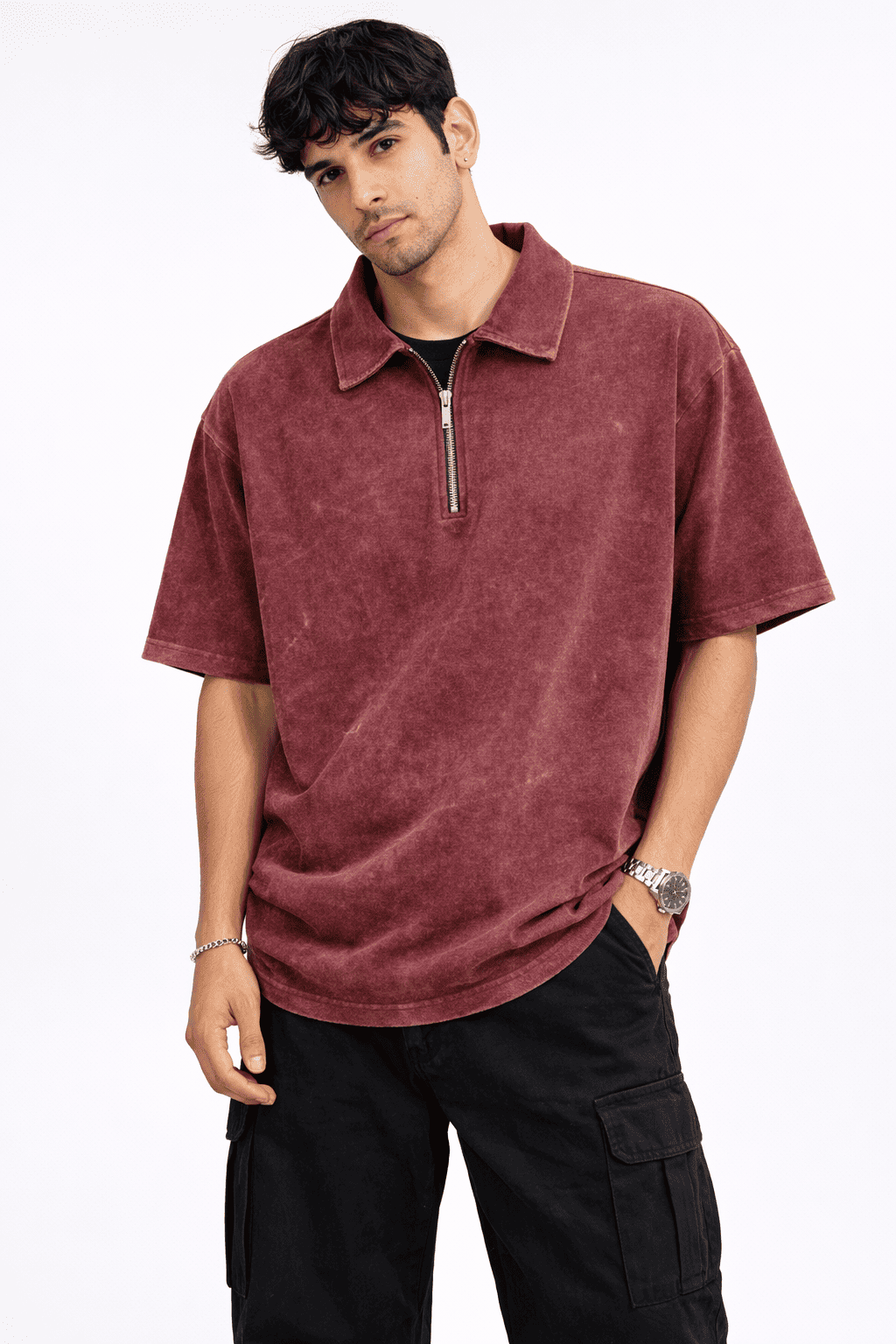 Model wearing the Rustic Roots Zipper Polo in Color Maroon from The Edi Archive's Ctrl+Me Collection