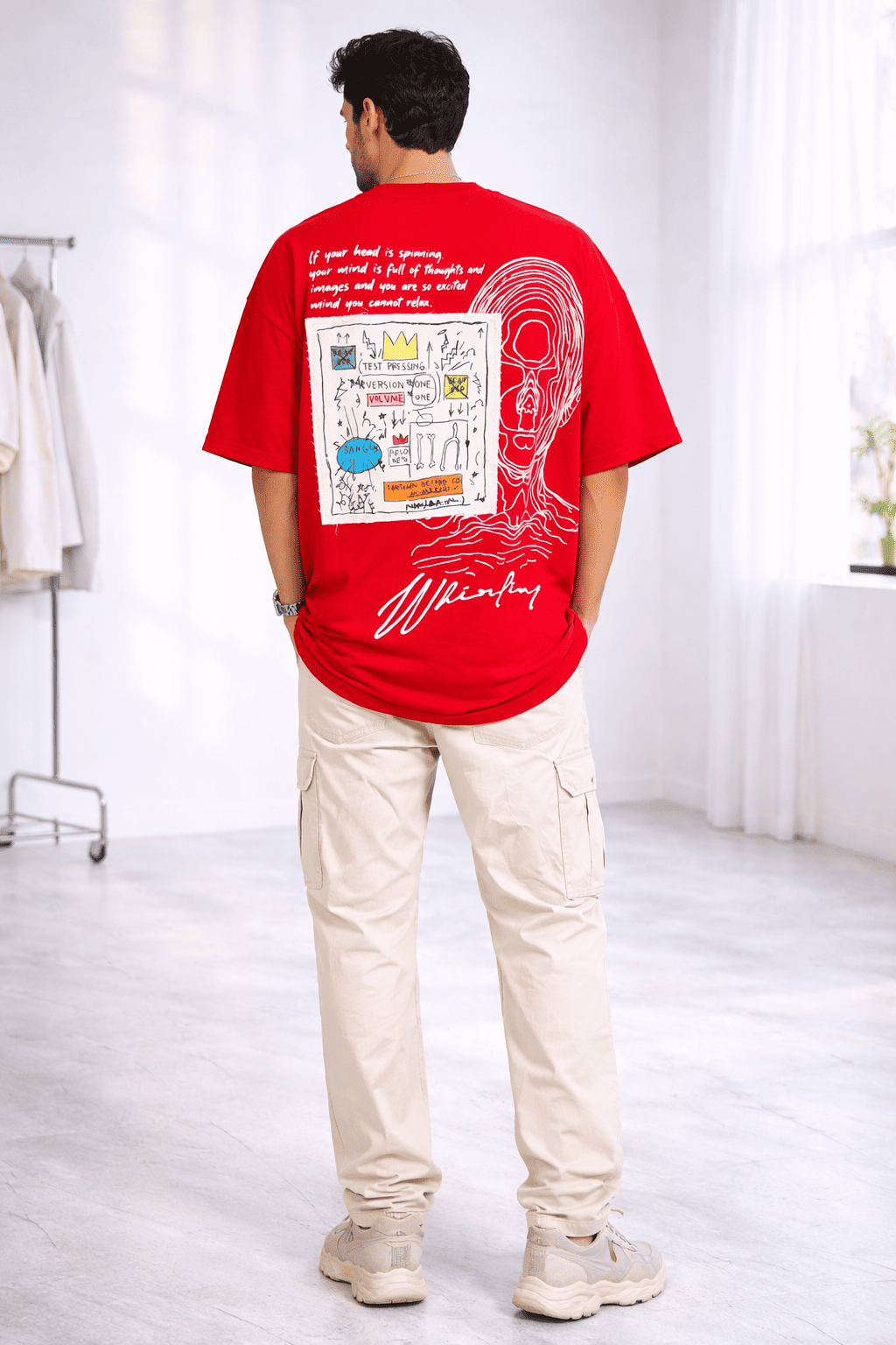 Model in Red Whirling Unisex Puff Oversized T-Shirt from The Edi Archive's - Ctrl+Me collection - Back view