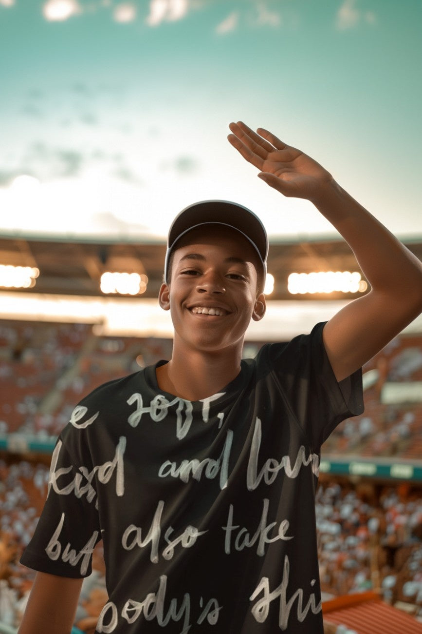 Person wearing a black oversized t-shirt Be Kind from The Edi Archive, waving at a stadium.