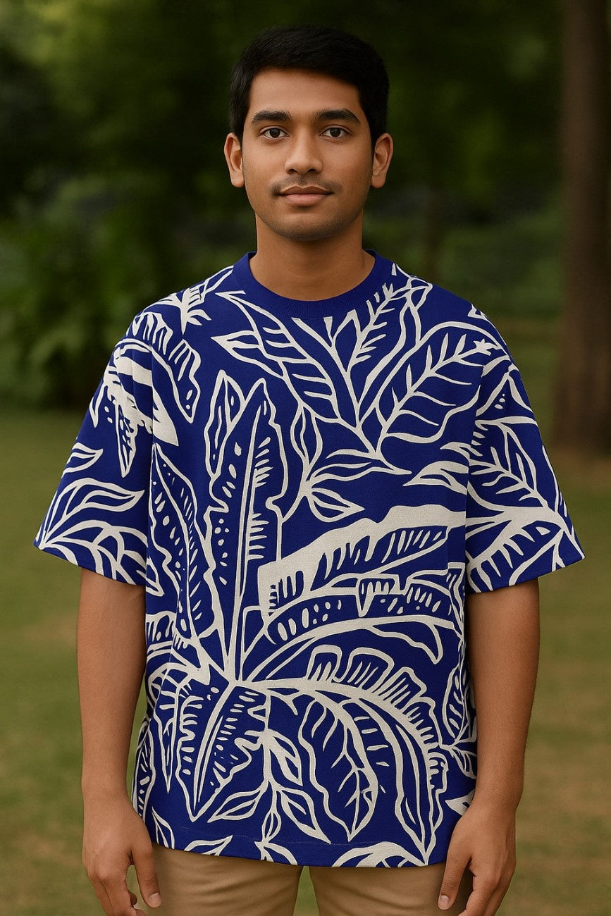 Person wearing a  oversized t-shirt, Blue Life from The Edi Archive, outdoors