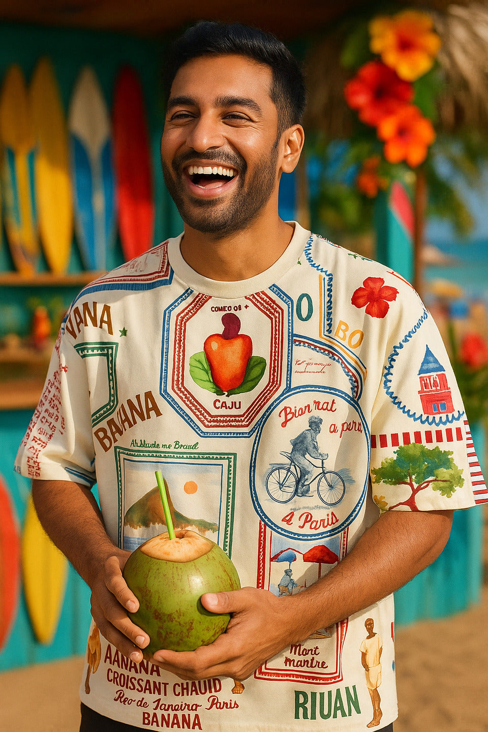 Man holding a coconut with a colorful graphic Bonjour Unisex Oversized T-Shirt From The Edi Archive, in a tropical setting