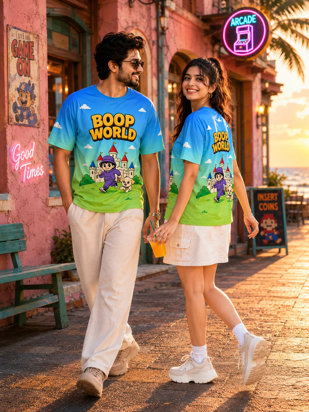 Front and back view of the Boop World unisex graphic t-shirt worn by a couple in a neon arcade street, Boop World Unisex T-Shirt, Boop Squad Collection, The Edi Archive