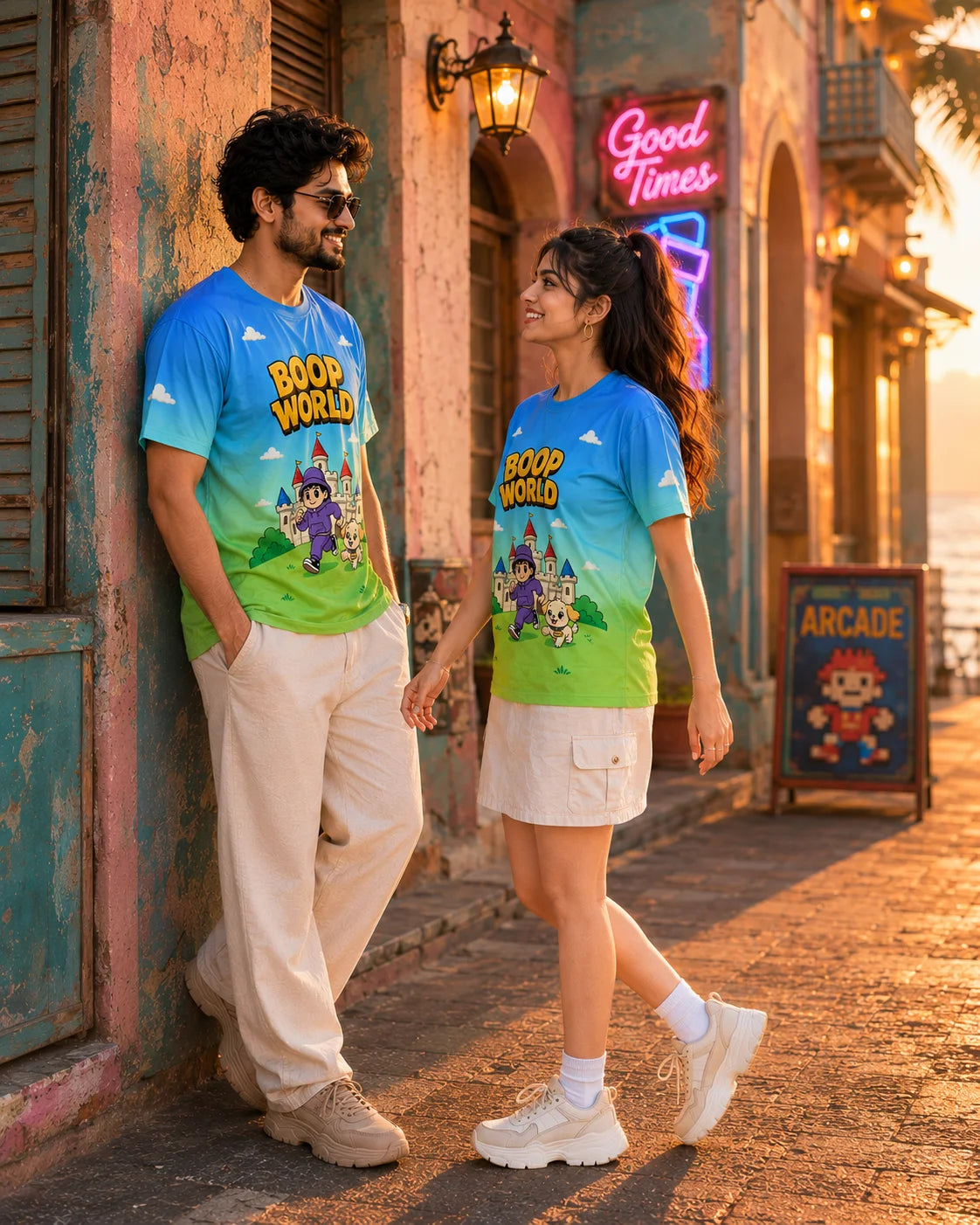 Side view of a couple in oversized Boop World retro gaming graphic tees leaning against a colourful wall, Boop World Unisex T-Shirt, Boop Squad Collection, The Edi Archive