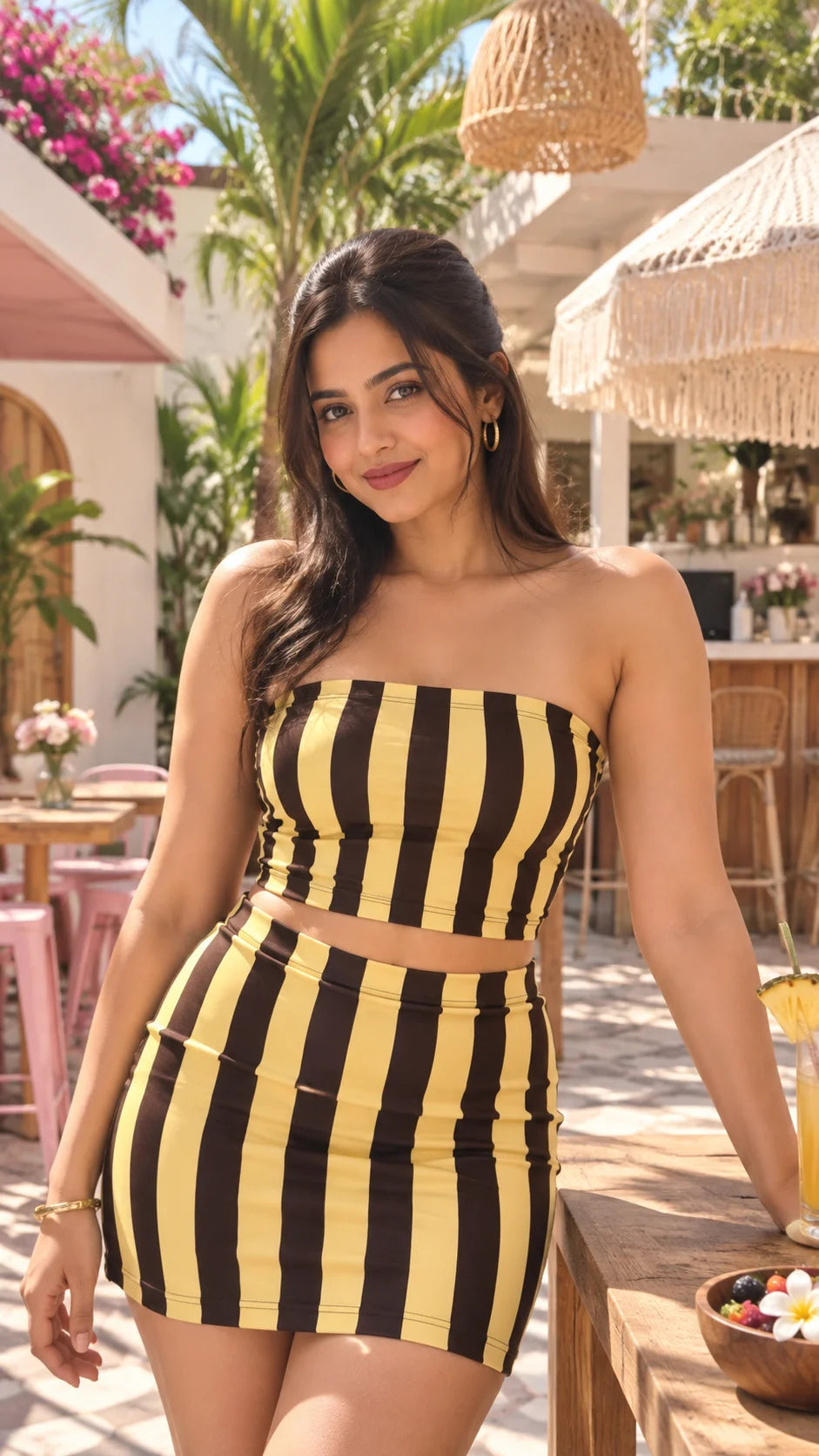 Butter Lines Tube Top and Mini Skirt Set by The Edi Archive from The Soft Launch Collection, fitted yellow striped two-piece outfit