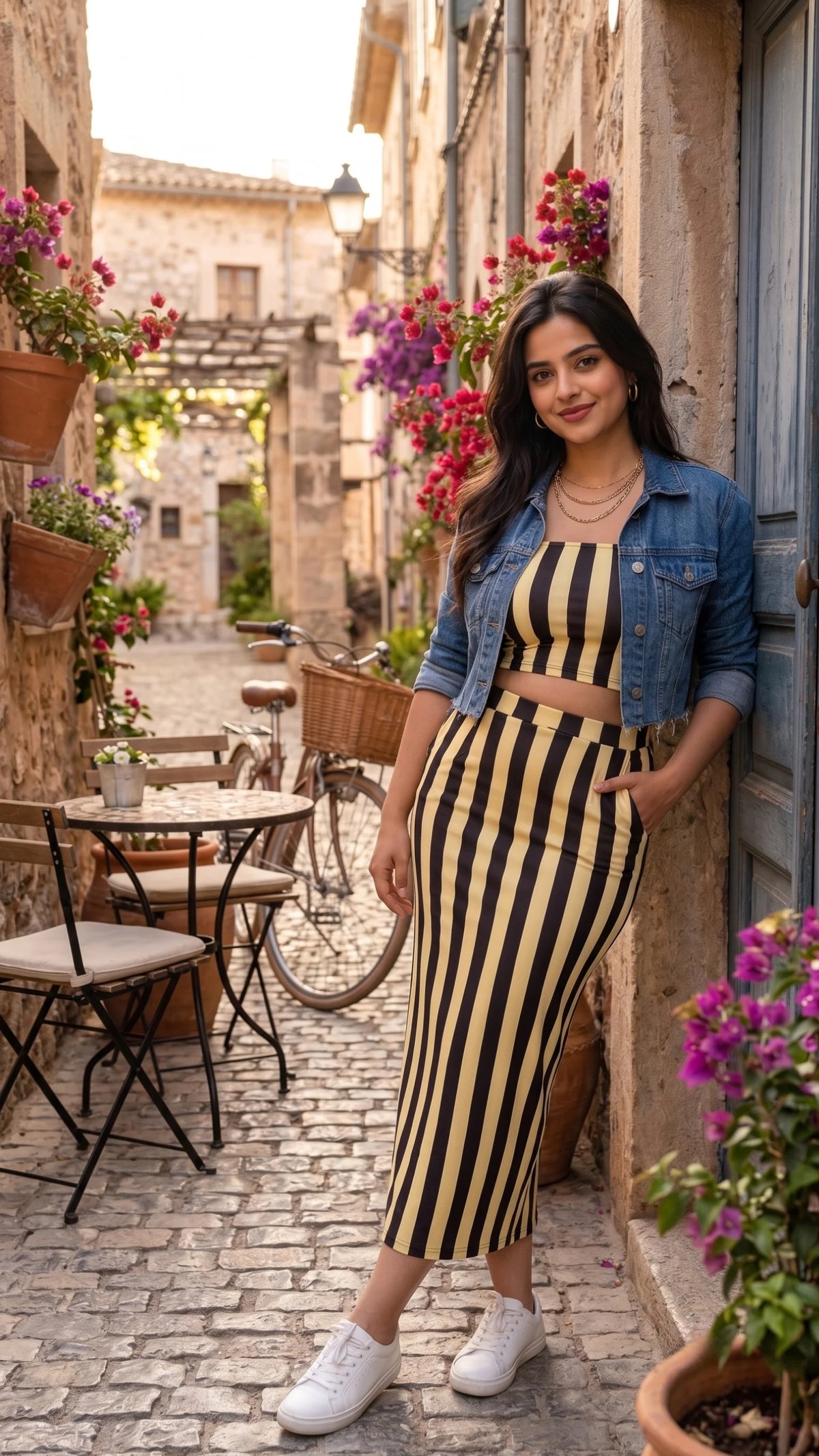 Butter Lines Tube Top and Pencil Skirt Set styled with denim jacket from The Soft Launch Collection by The Edi Archive