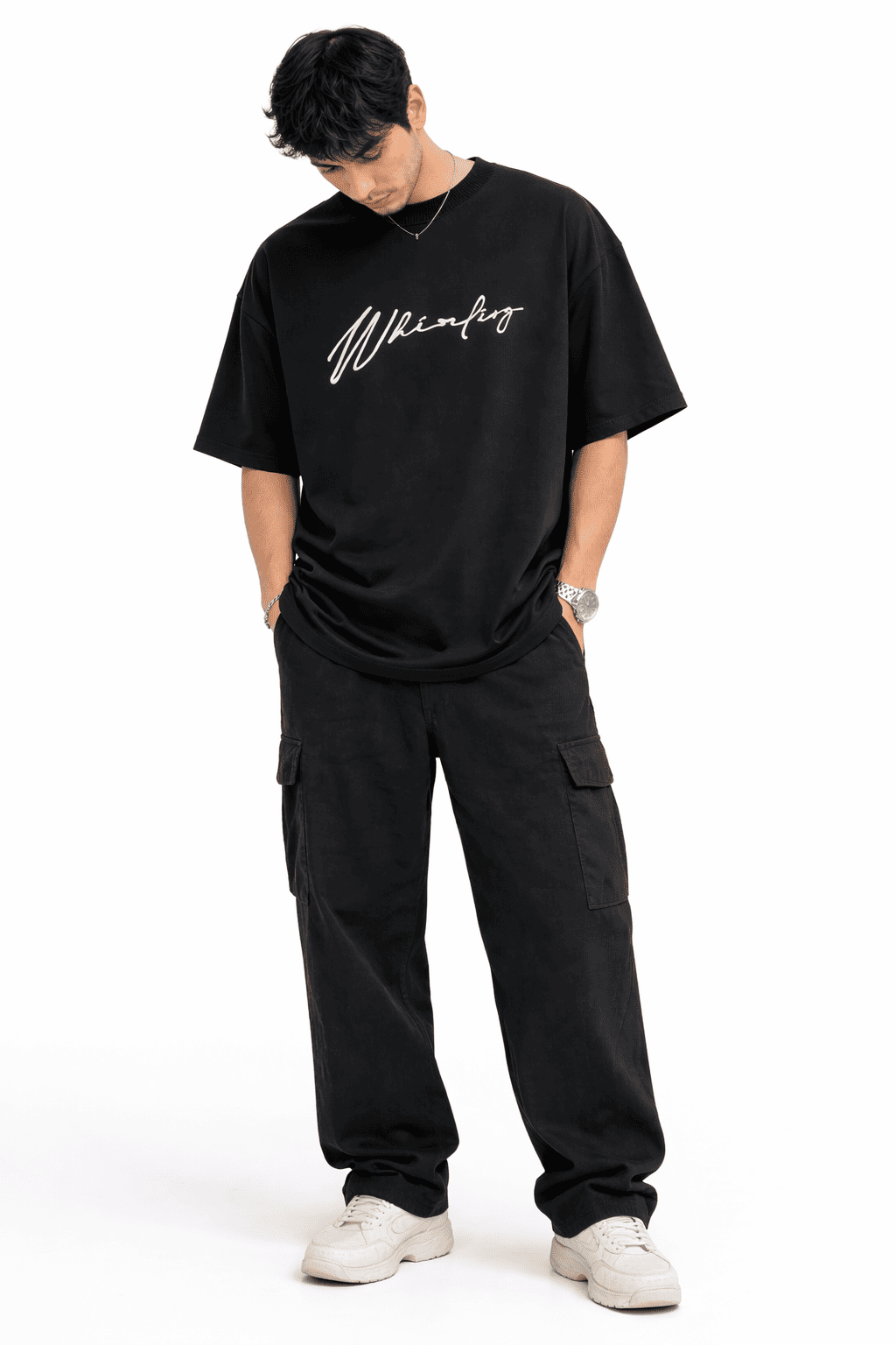 Model in Black Whirling Unisex Puff Oversized T-Shirt from The Edi Archive's - Ctrl+Me collection