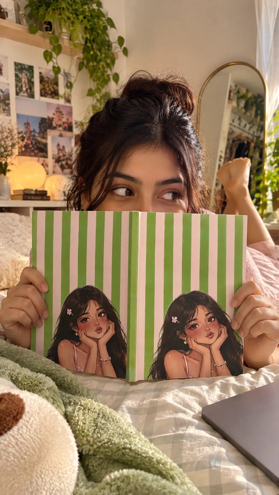 Dear Diary A5 planner with a green and pink striped cover featuring illustrated girls, held by a person in a cozy bedroom setting, The Side Quest by The Edi Archive
