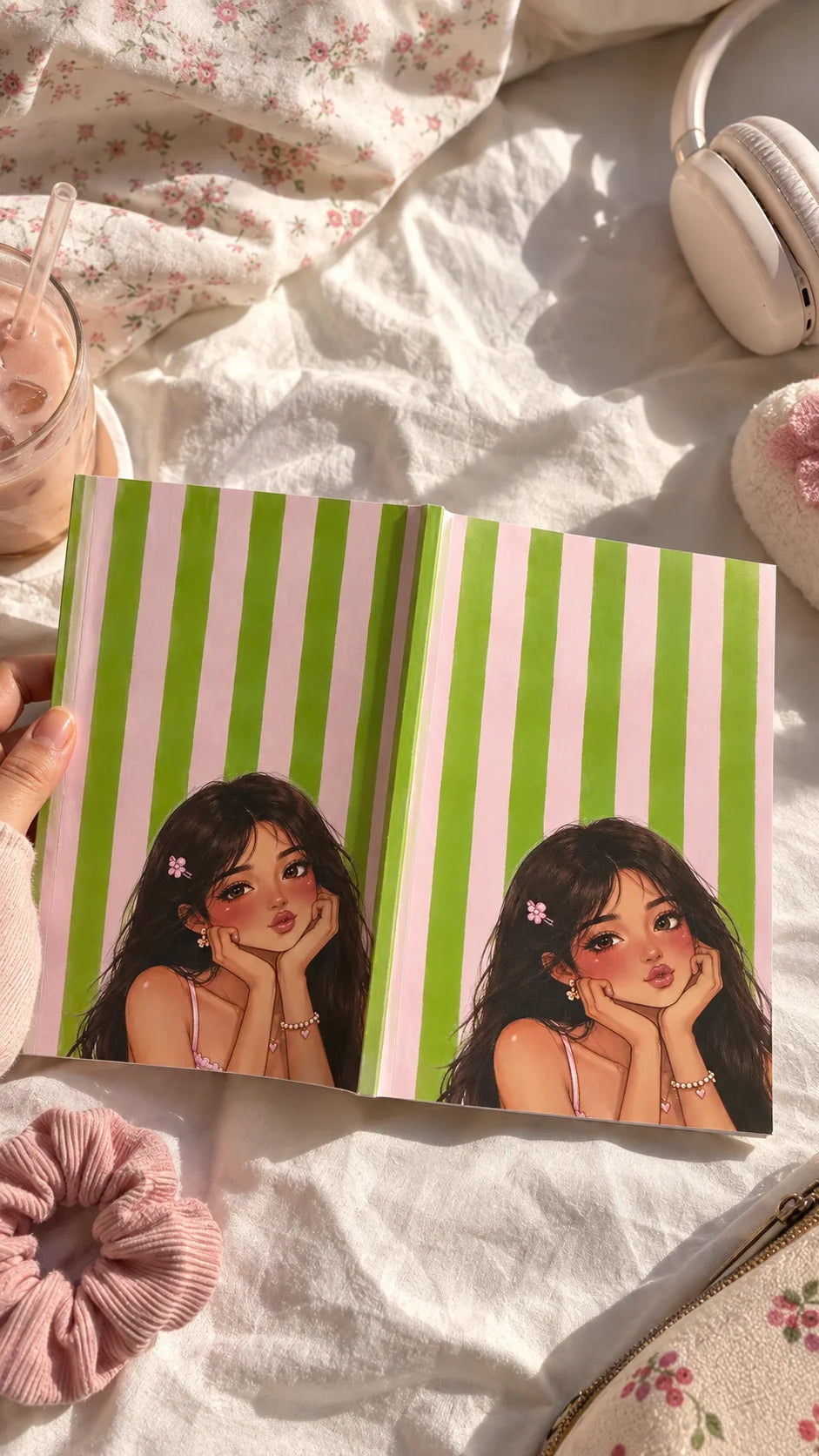 Dear Diary A5 planner with a green and pink striped cover featuring illustrated girls, held by a person in a cozy bedroom setting, The Side Quest by The Edi Archive