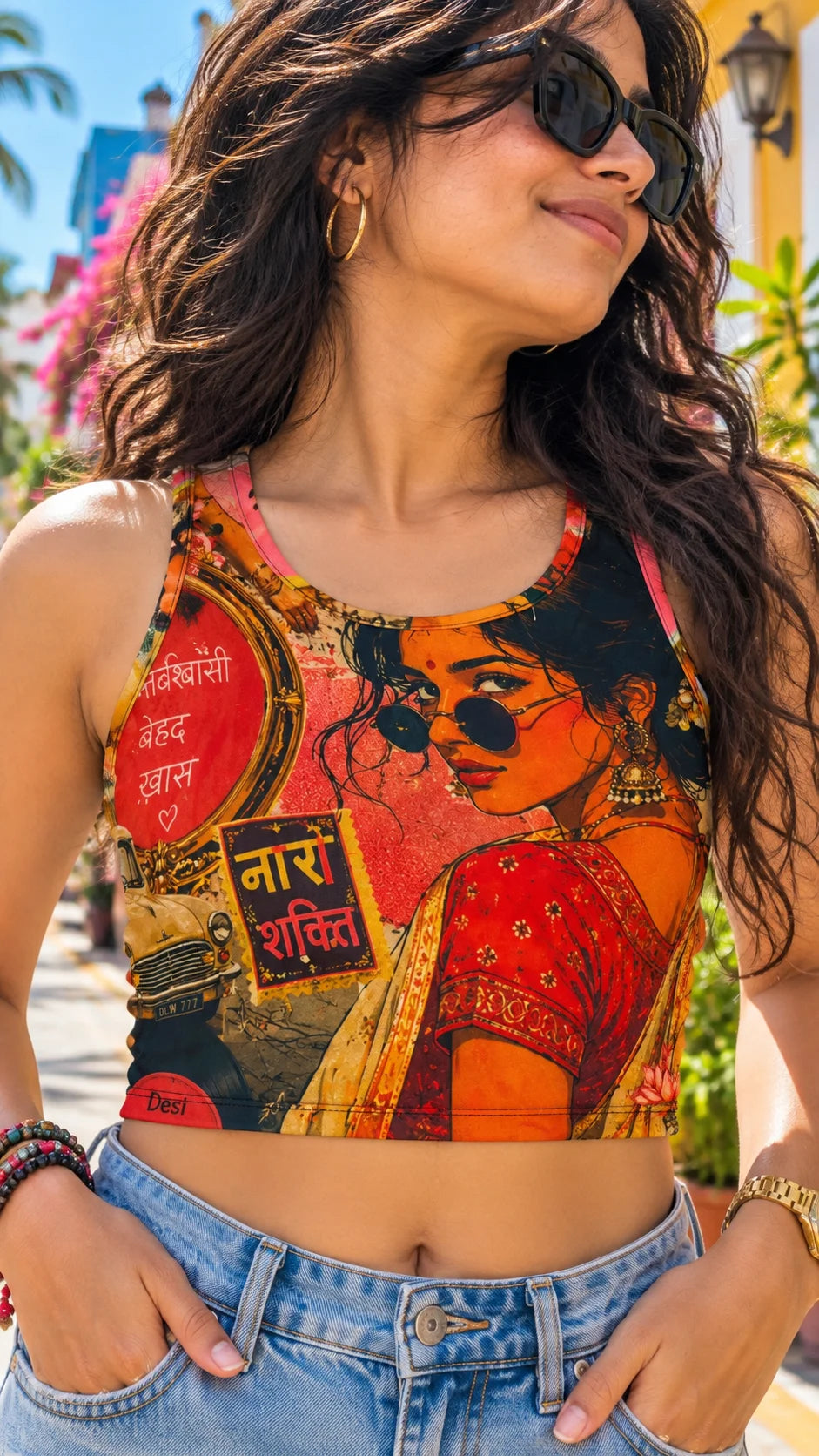 The Edi Archive Desi Masala Crop Top from the Loudmouths Collection, back view of women's printed crop tank with denim shorts