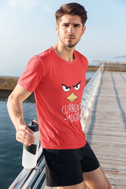 Post-run look featuring The Edi Archive’s 'Current Mood' T-shirt styled with sports shorts and a sipper bottle — sporty meets chill.