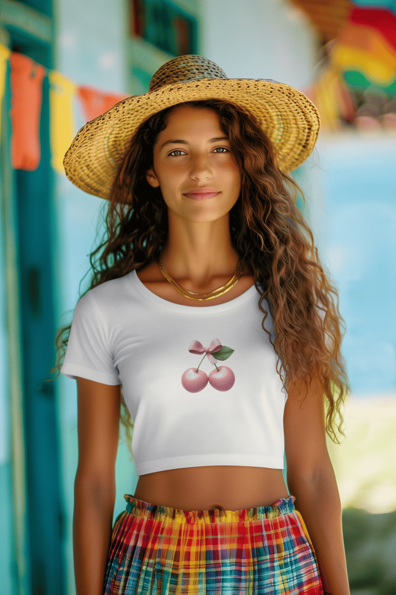 Girl wearing white Pink Cherry women’s crop top from The Edi Archive, featuring soft coquette-style cherry design in minimal fruity aesthetic.