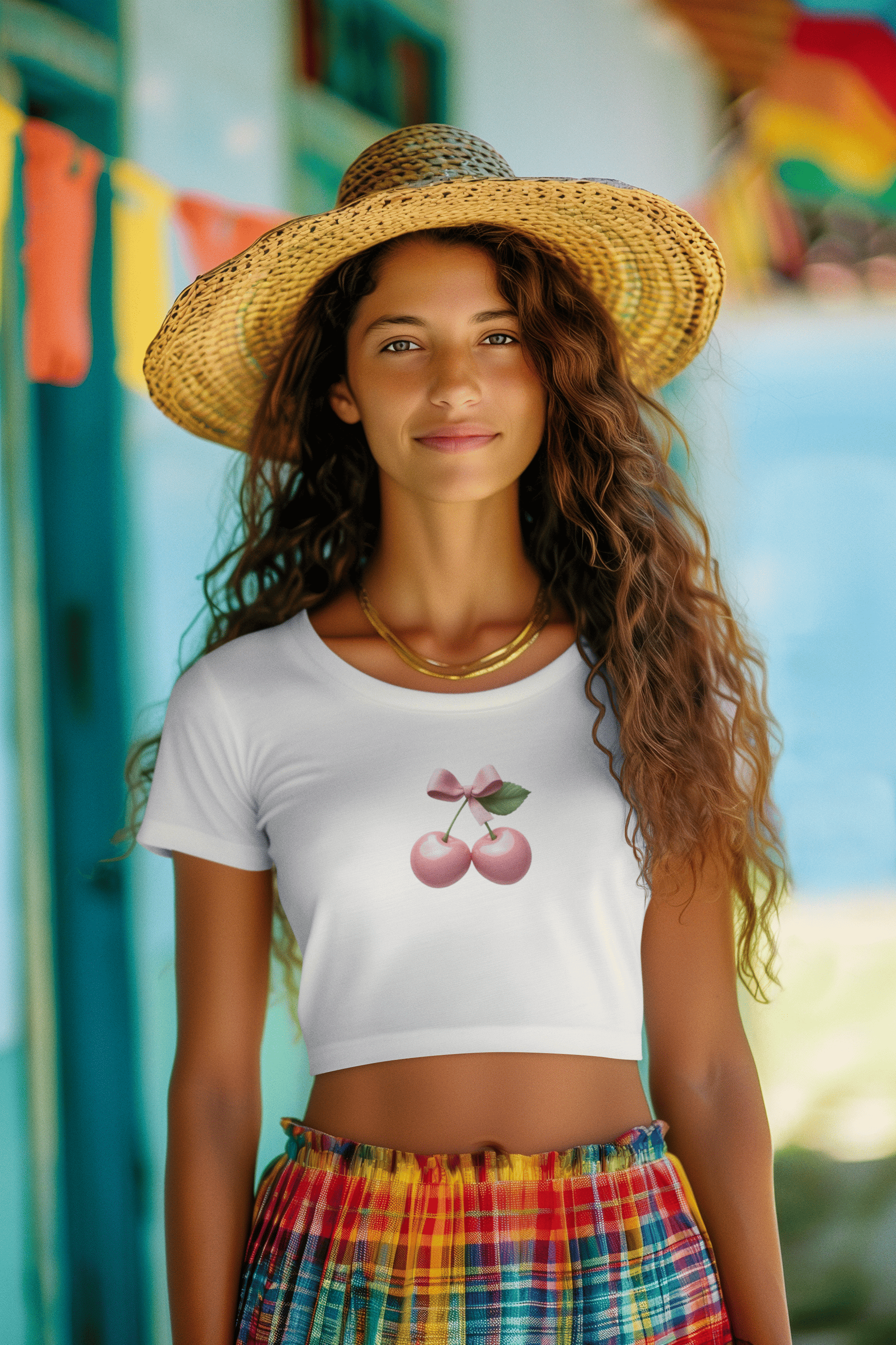 Girl wearing white Pink Cherry women’s crop top from The Edi Archive, featuring soft coquette-style cherry design in minimal fruity aesthetic.